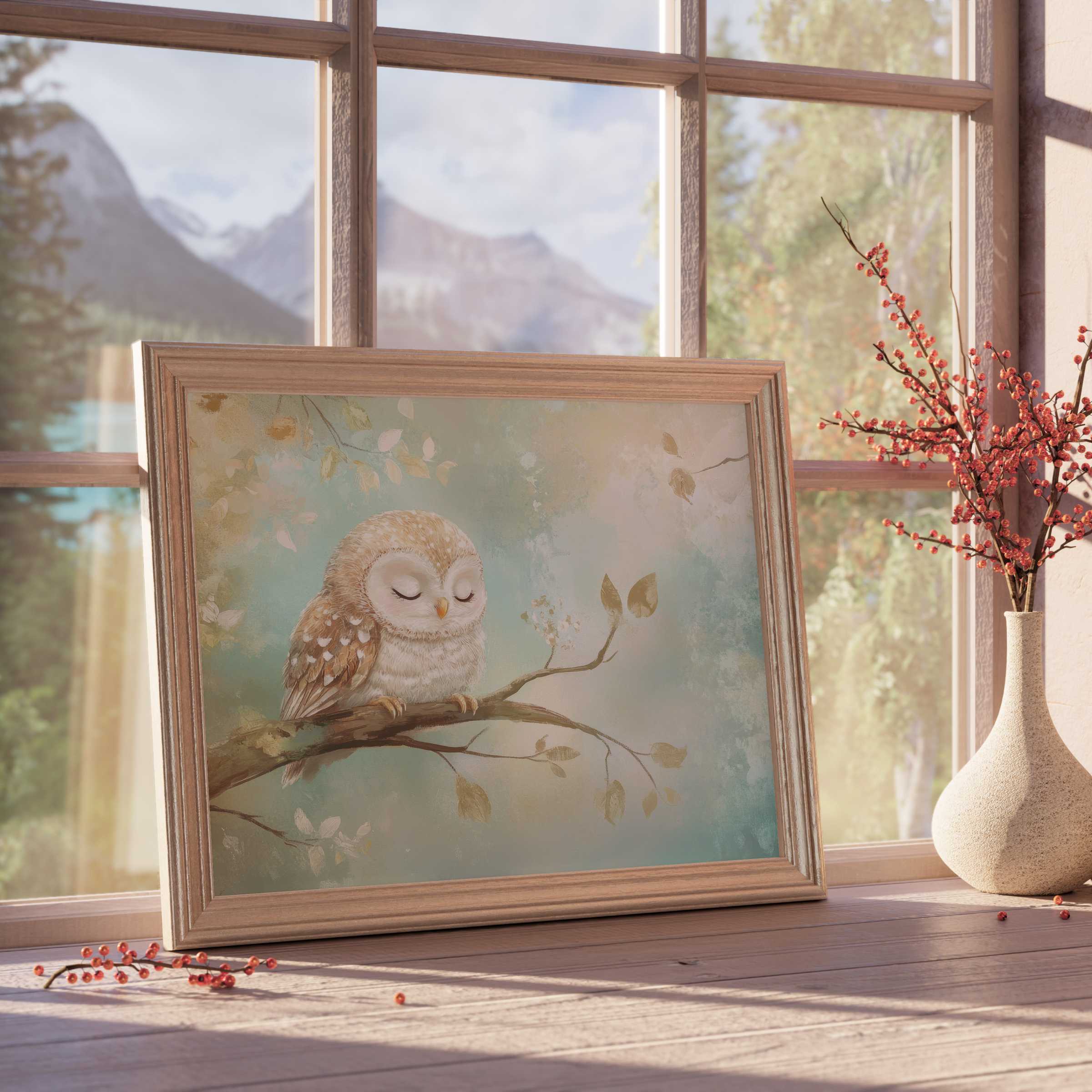Nursery downloadable art of a serene, sleeping owl in soft pastels, enhancing tranquil, curated children's room decor