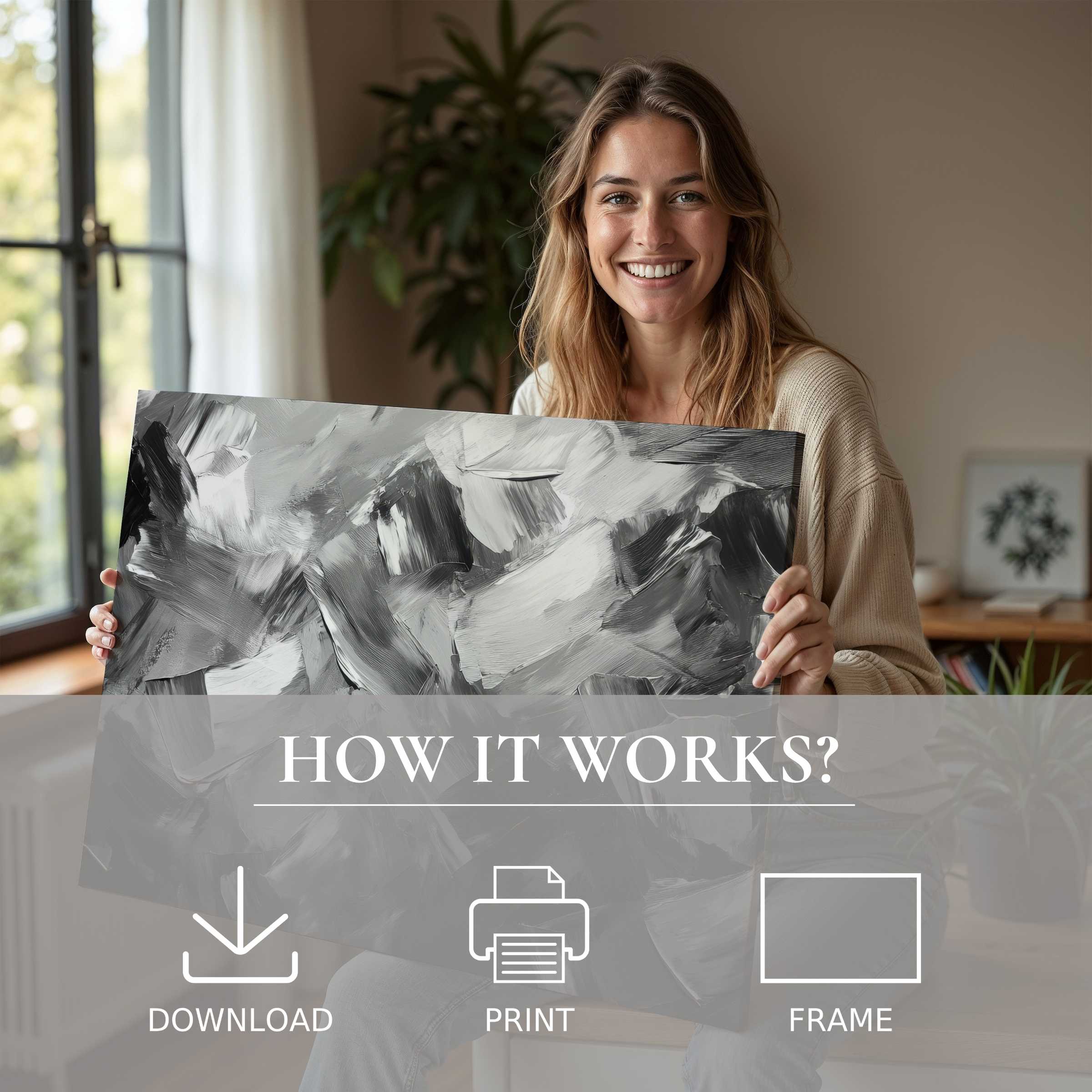 Radiant connection with a black and white digital art print in a serene modern home, elevating everyday moments