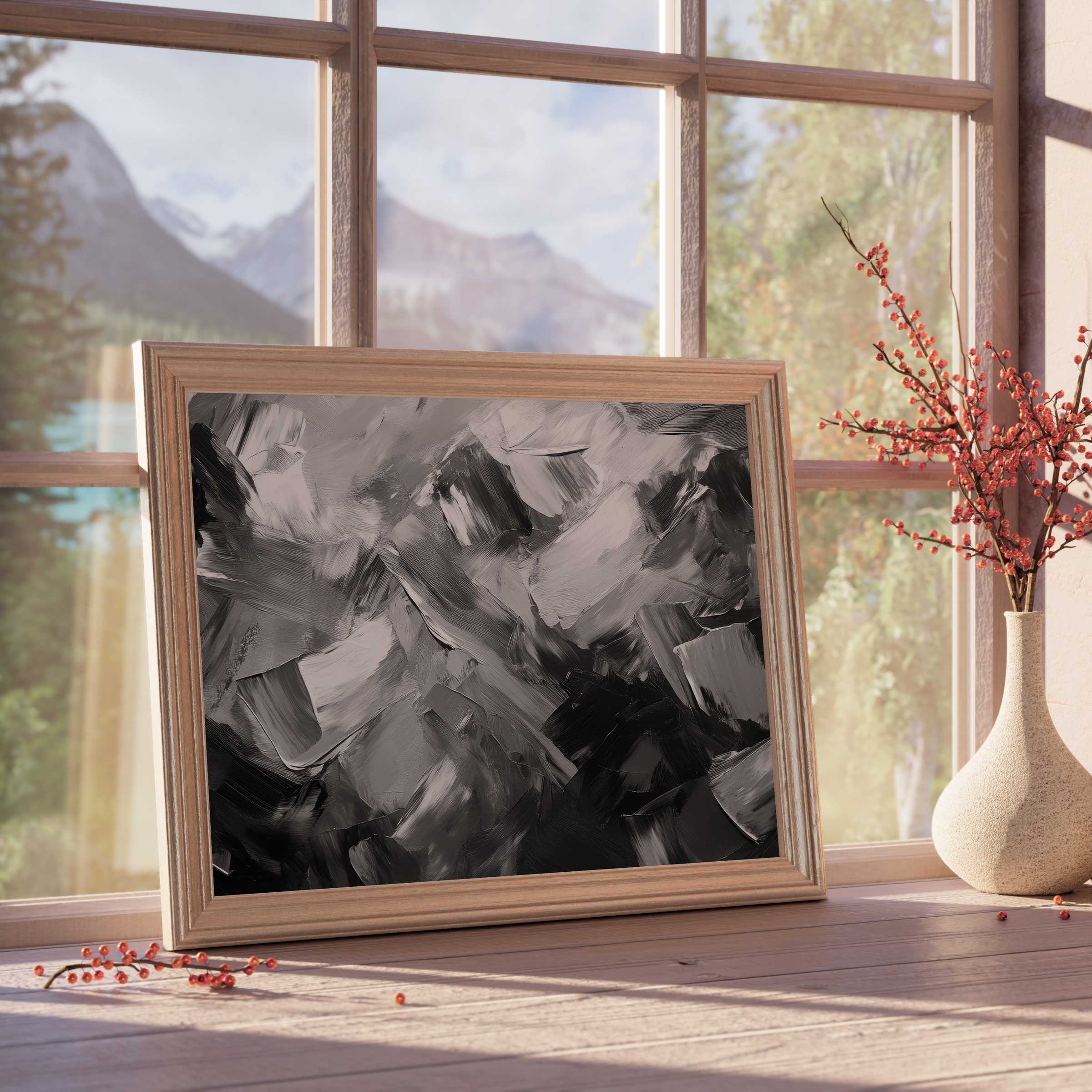 Black and white downloadable art in textured brushstrokes, elevating serene, design-forward interiors with timeless elegance and calm