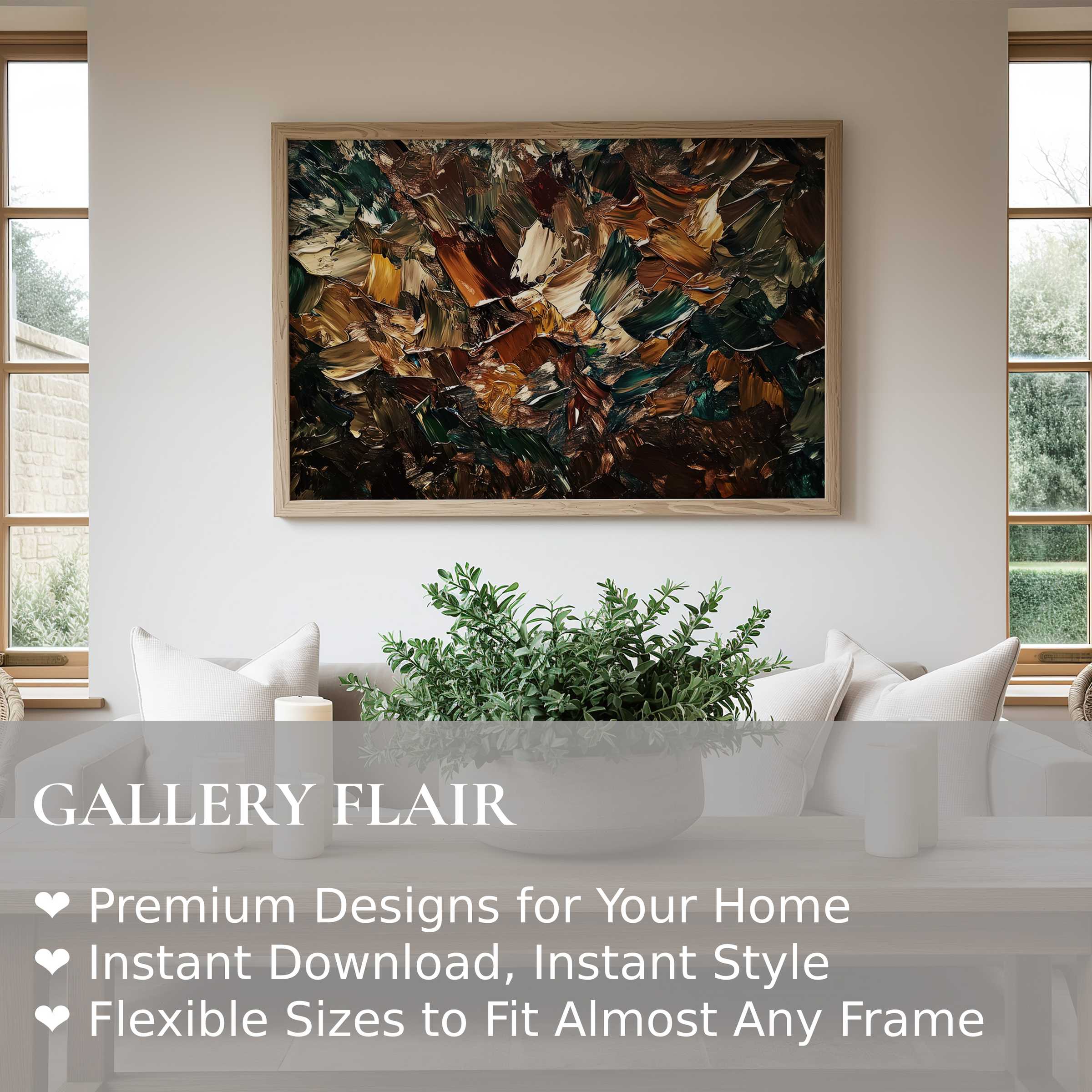 Abstract wall art print featuring rich, earthy tones and dynamic textures, enhancing a modern minimalist living space with bold, radiant energy and natural warmth