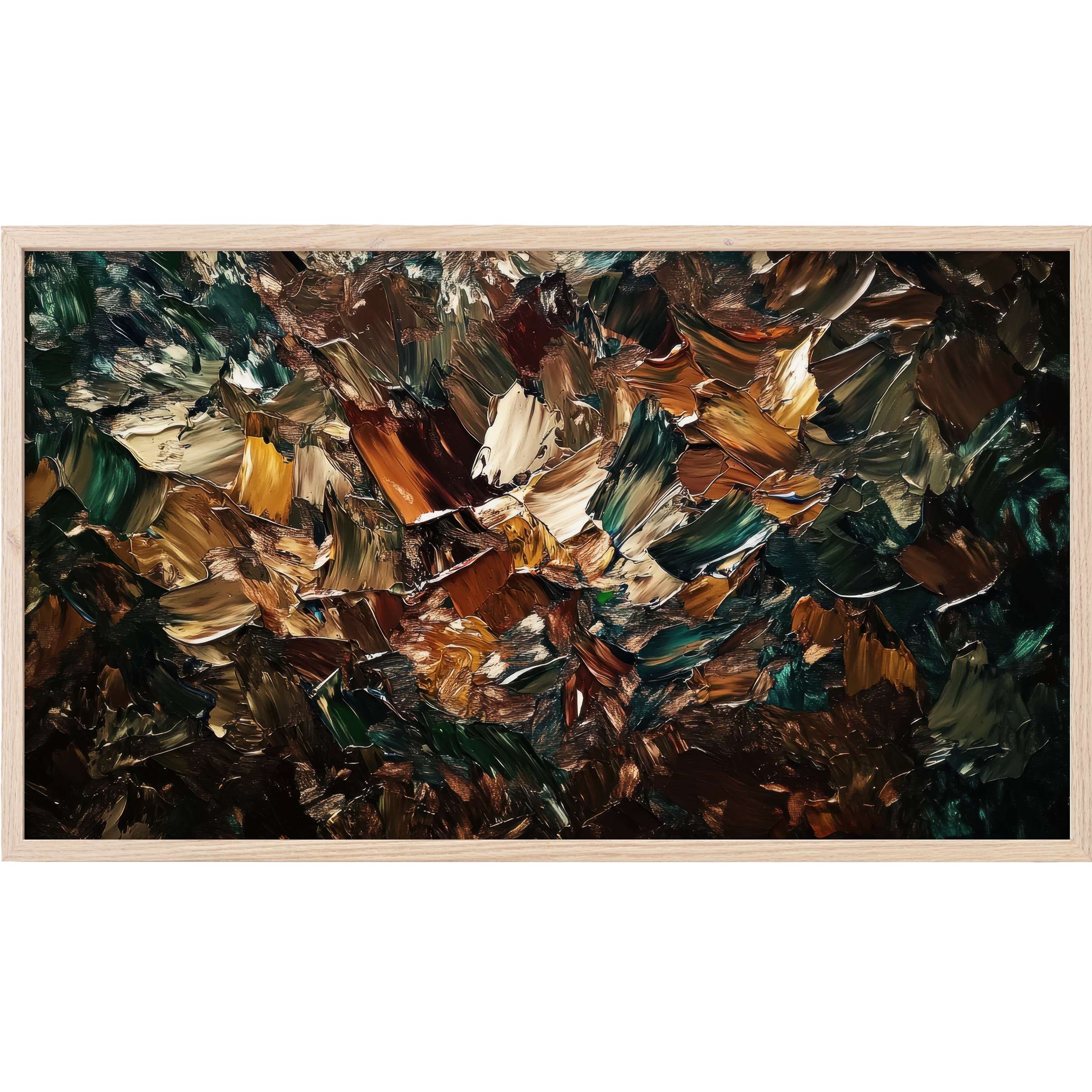 Abstract Frame TV Art with rich, earthy tones of brown, green, and cream in bold, textured brushstrokes