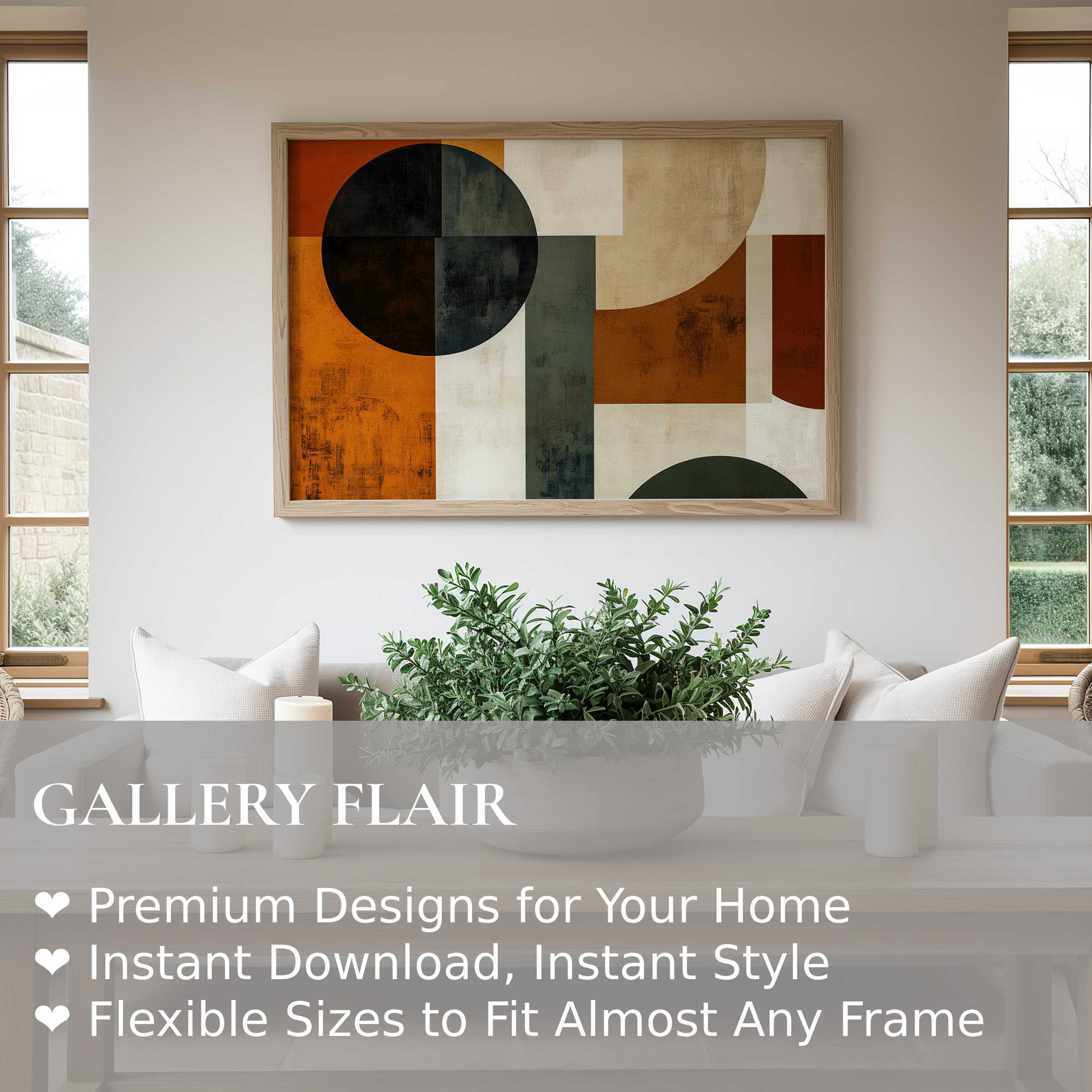 Modern wall art print featuring bold geometric shapes in warm terracotta and muted black, enhancing this serene Scandinavian living room with contemporary elegance and graphic sophistication