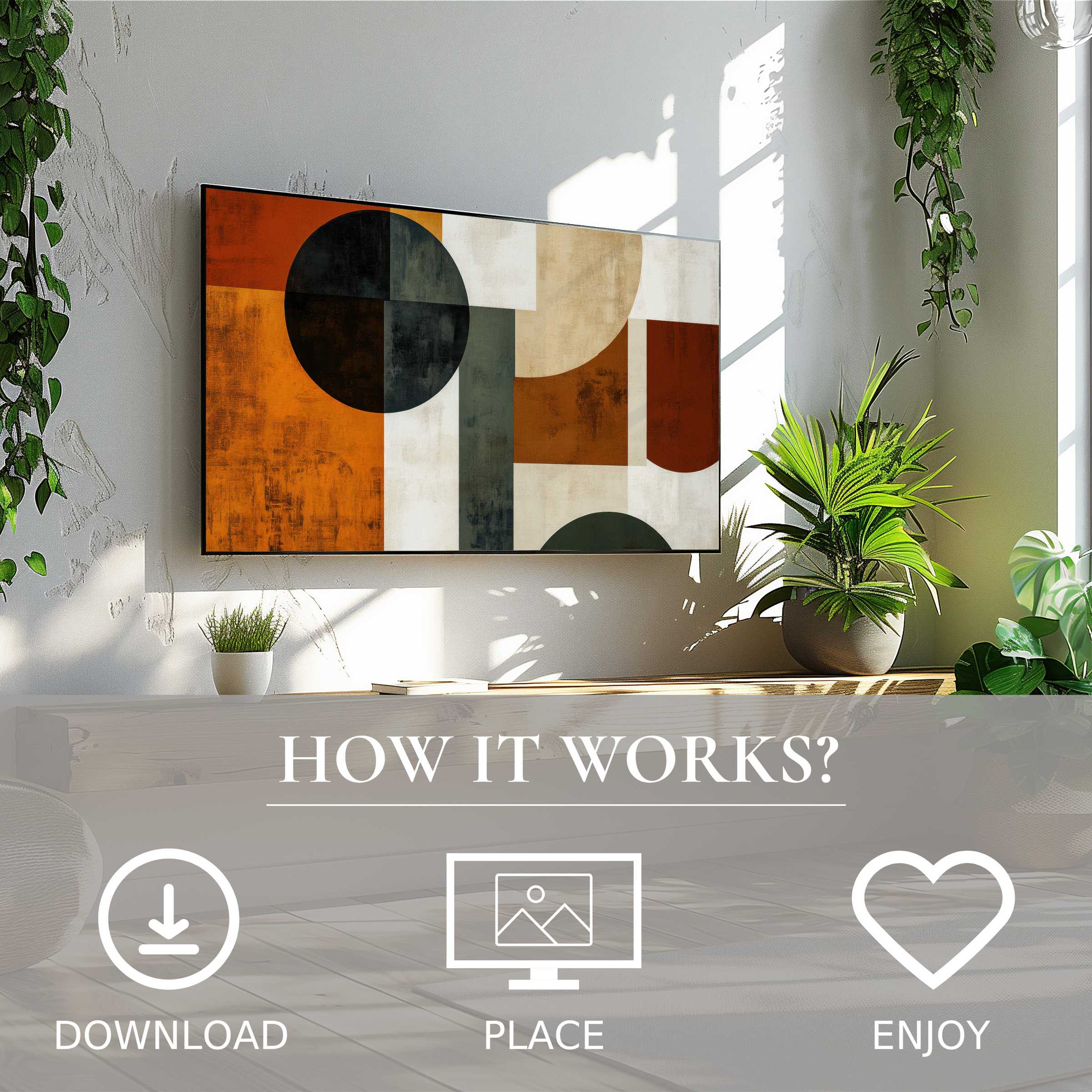 Modern art for Samsung TV showing warm color flow; easy digital download enriches this bright, plant-filled living space