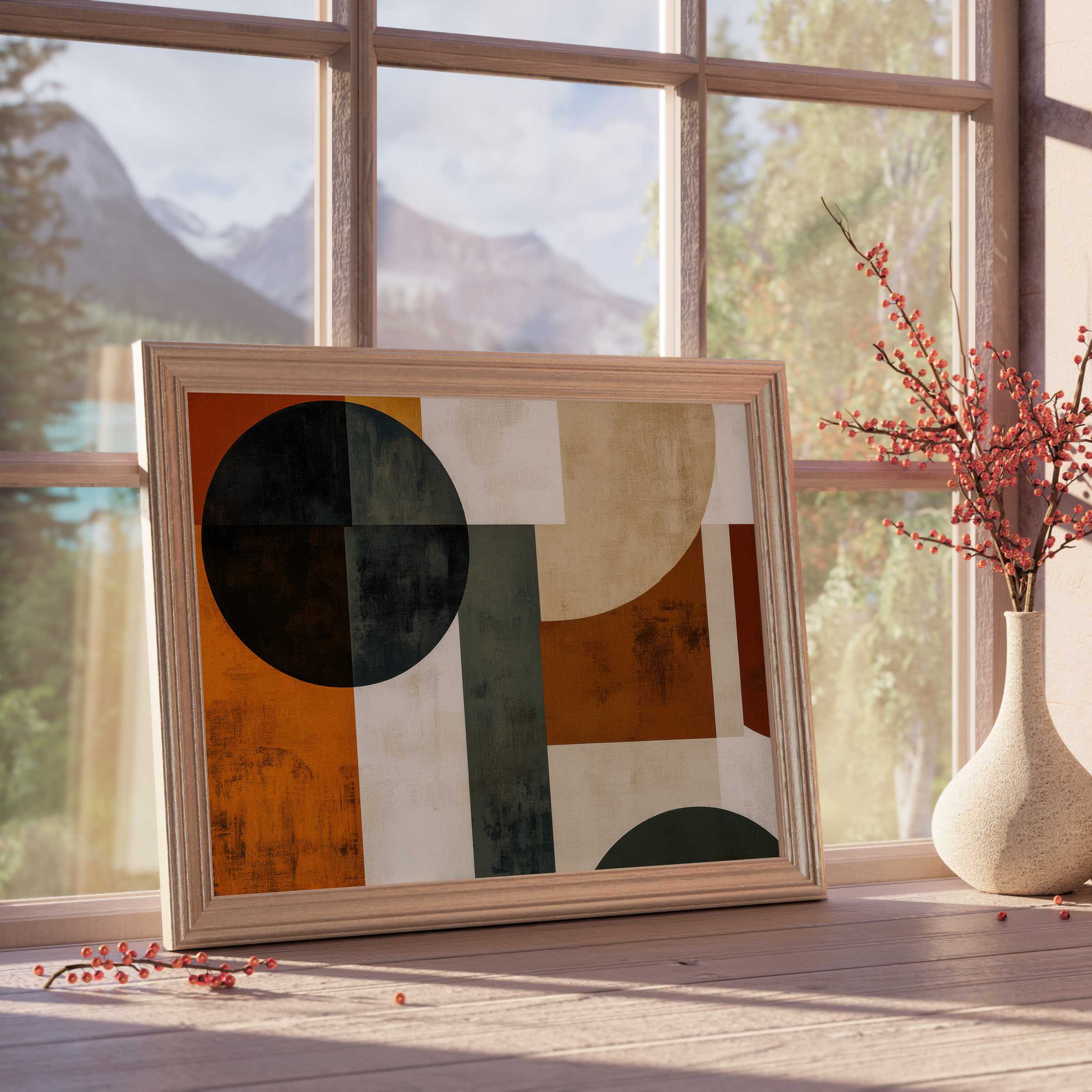 Modern downloadable art with warm earth tones and geometric shapes, elevating tranquil, curated interiors with timeless elegance