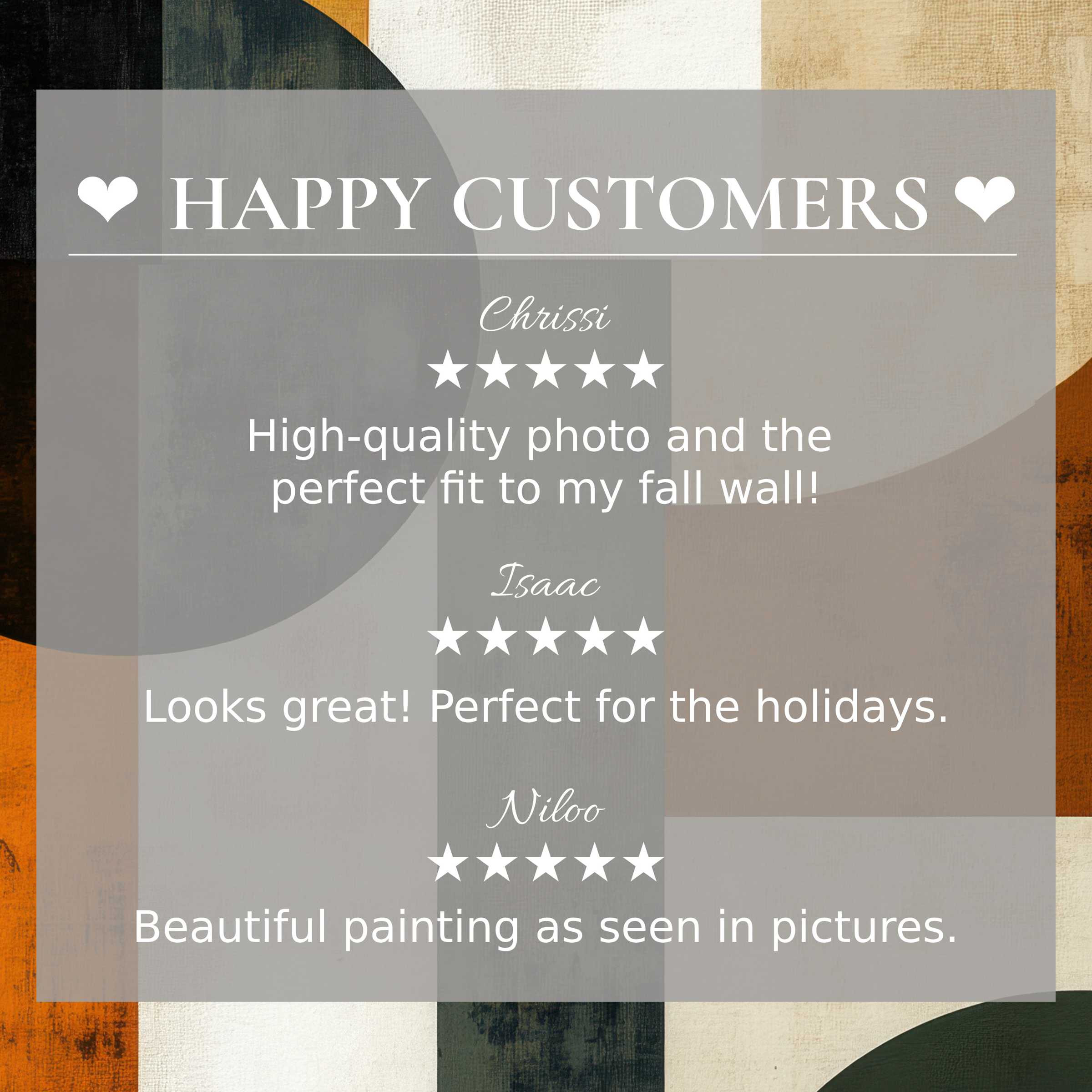 Elegant modern art for Frame TV with abstract sunset hues and a happy customer layout building trust
