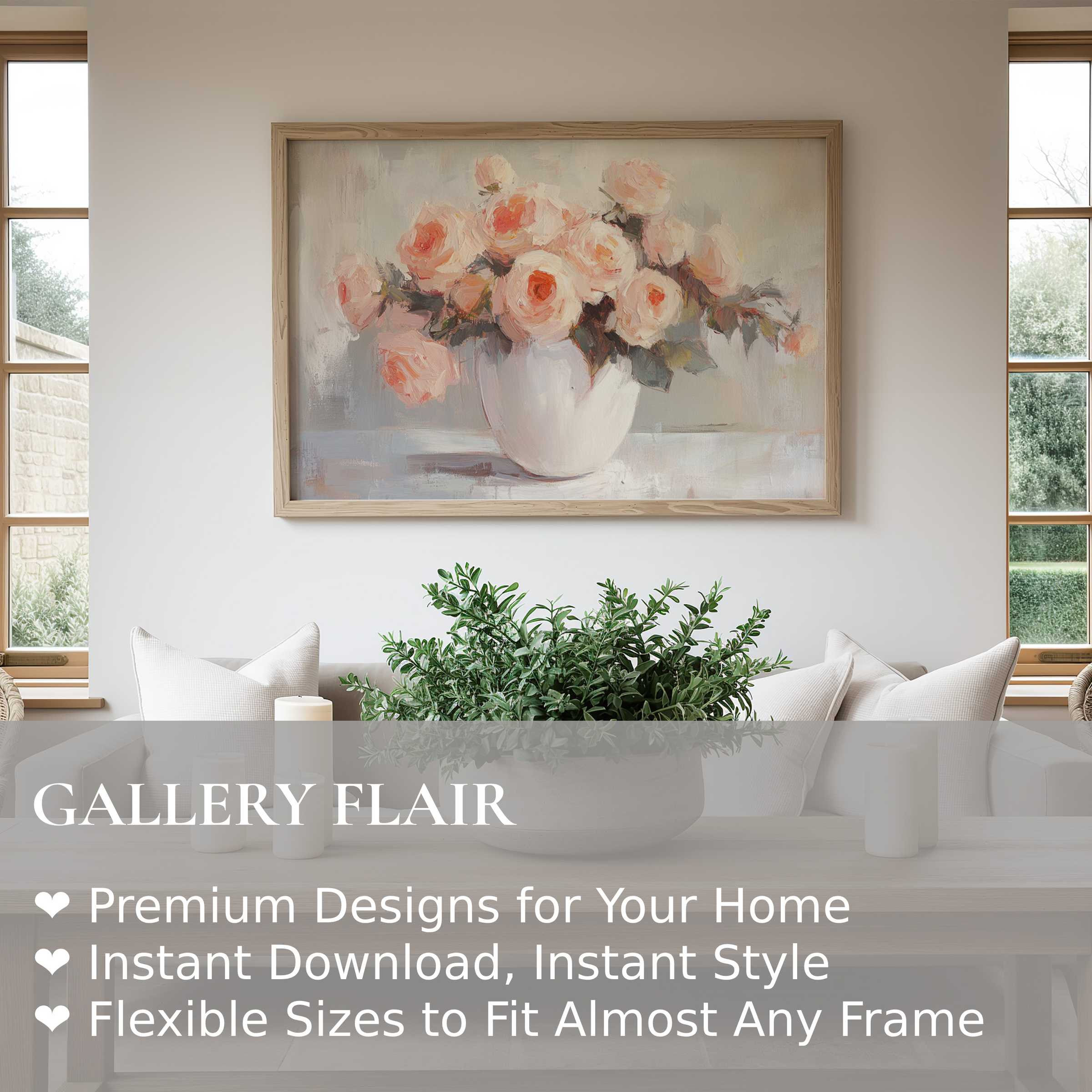 Soft floral wall art print featuring delicate peach roses in a minimalist vase, enhancing this modern, serene living space