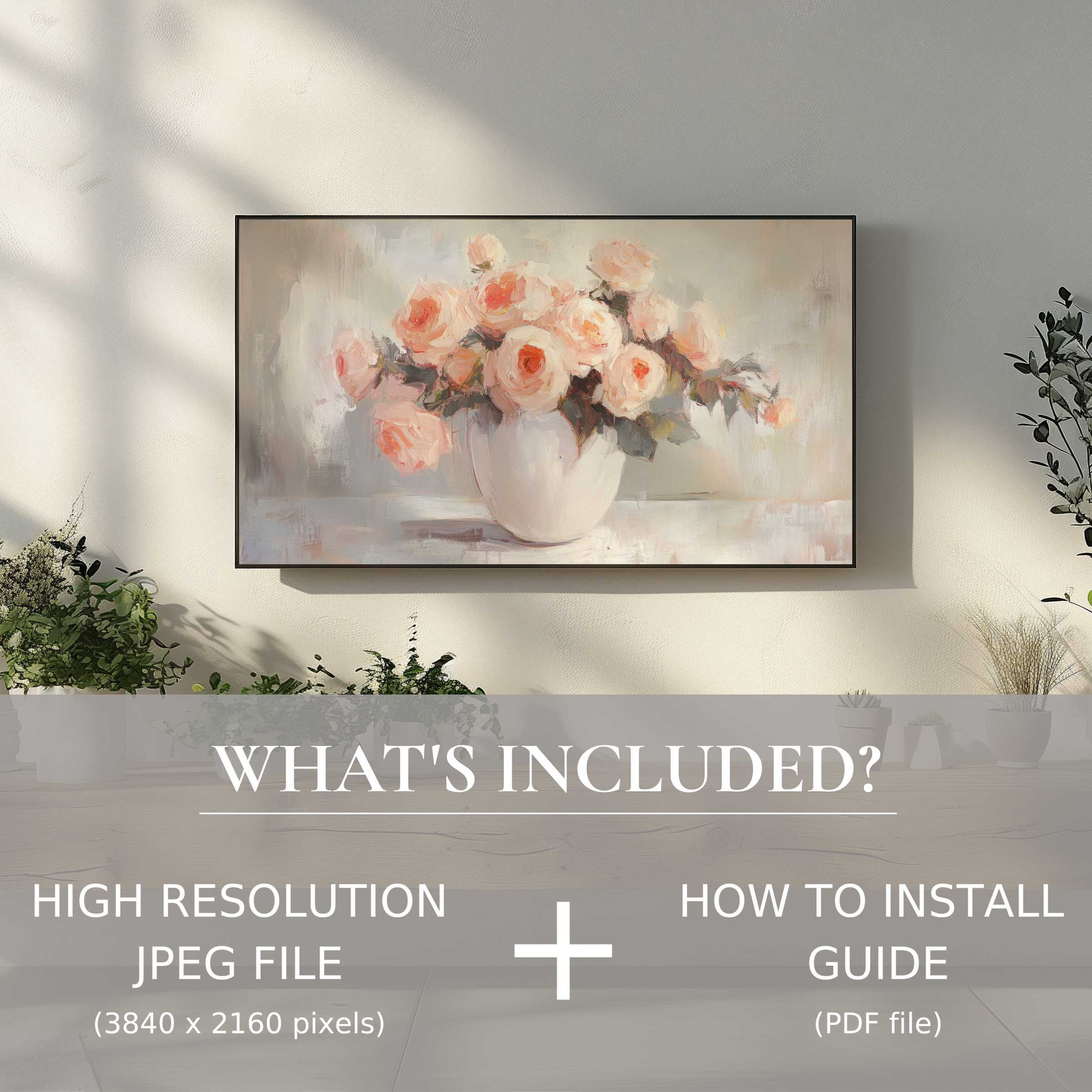 Elegant floral digital TV art download featuring soft roses, easy to use, enhancing stylish modern living spaces