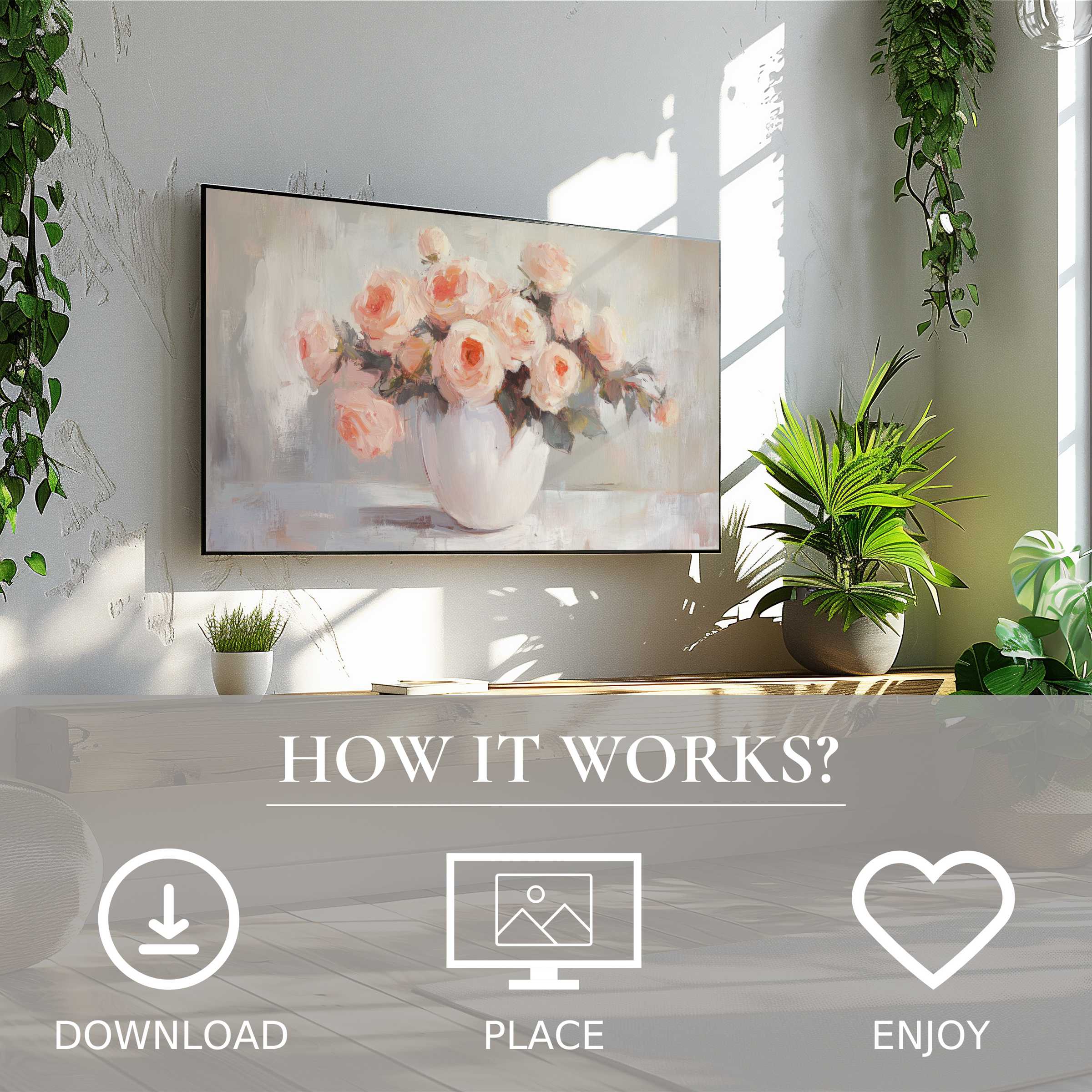 Floral art for Samsung TV displaying soft peach roses; easy digital download enhances modern living spaces