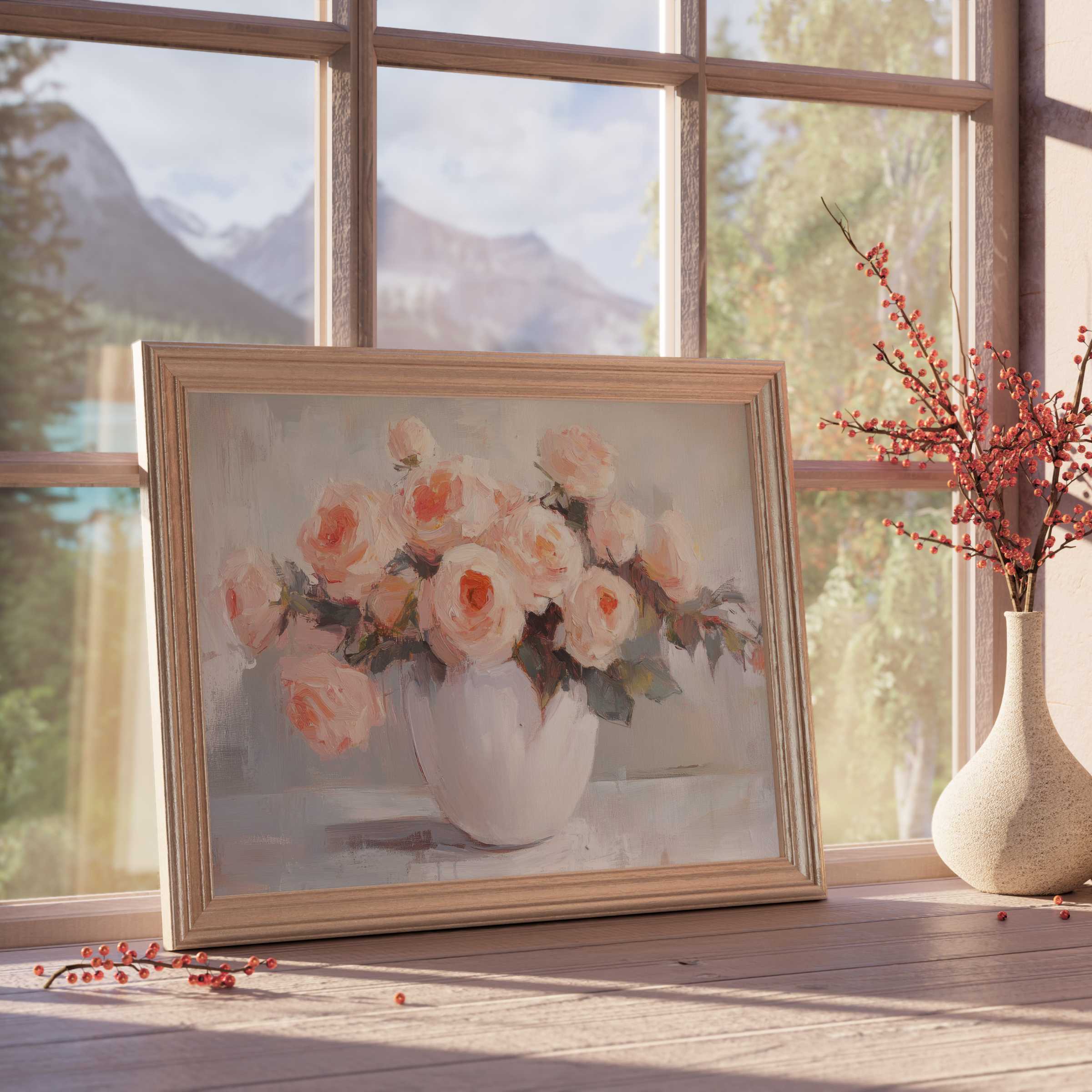 Elegant floral downloadable art featuring soft peach roses in muted tones, enriching serene, design-forward interiors