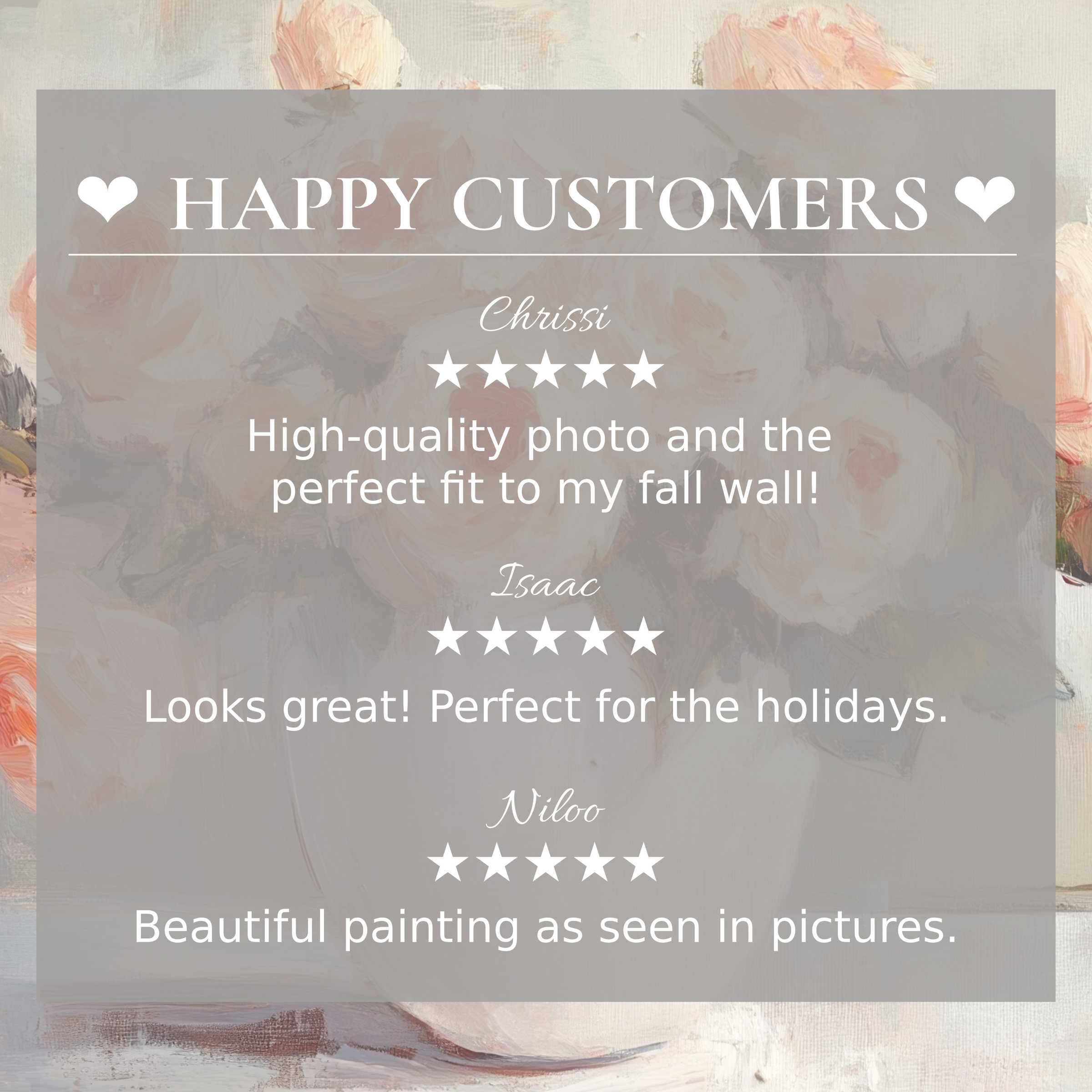 Floral art for Frame TV with soft rose-toned background, showcasing happy customer reviews and refined, elegant design