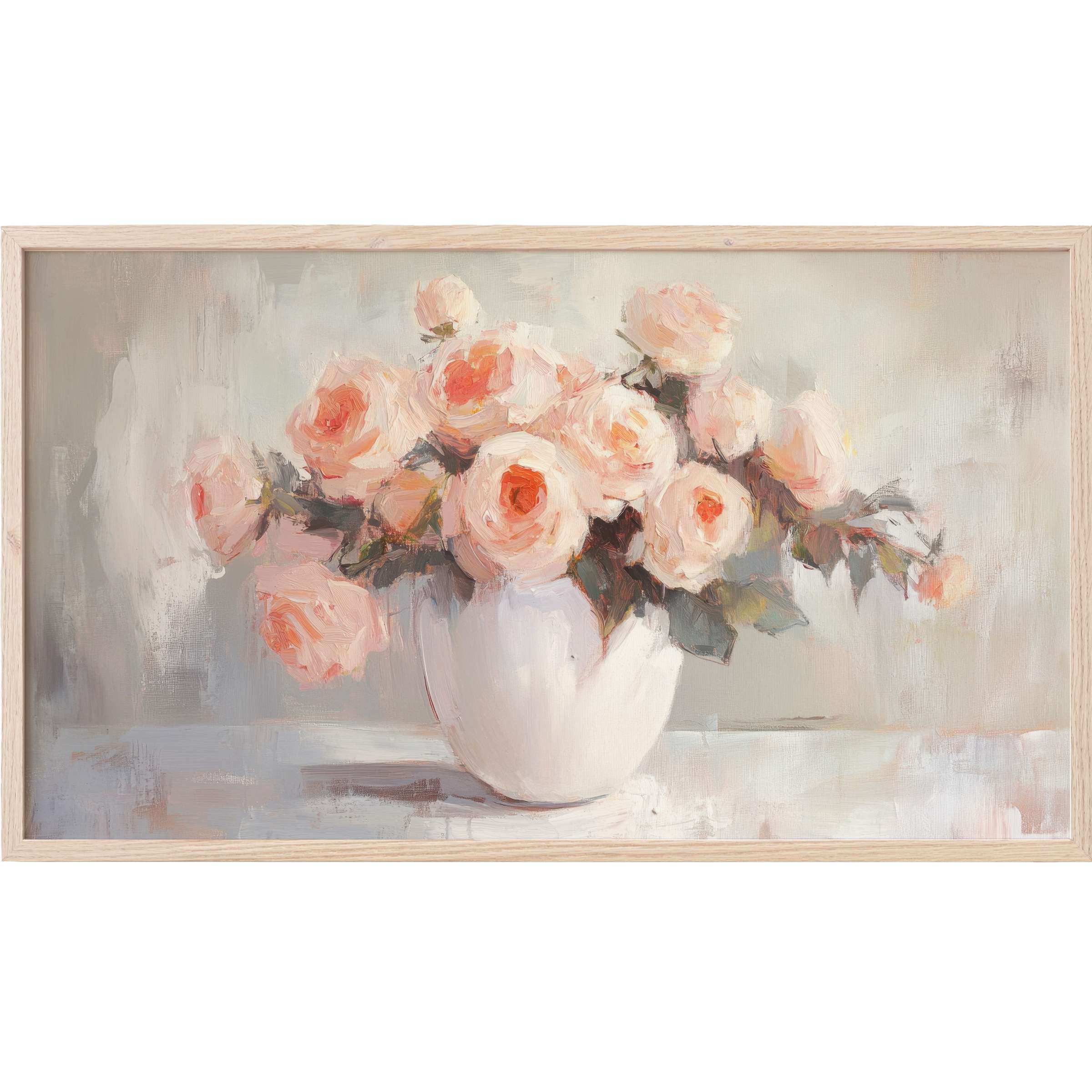 Floral Frame TV Art: Soft pink roses in a white vase with muted gray background, elegant modern brushstrokes