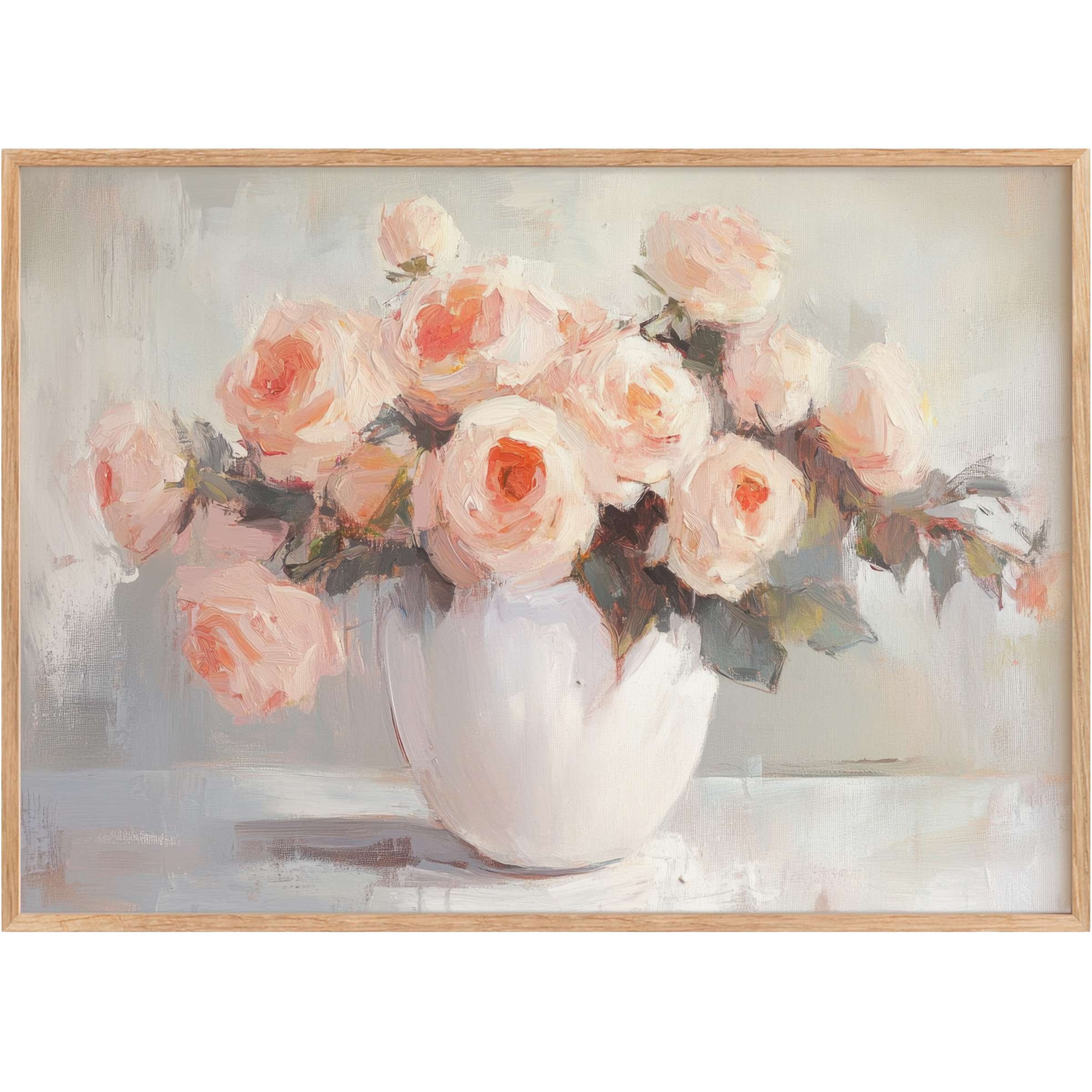 Soft blush and cream roses in a white vase create a serene, elegant ambiance with this floral printable wall art