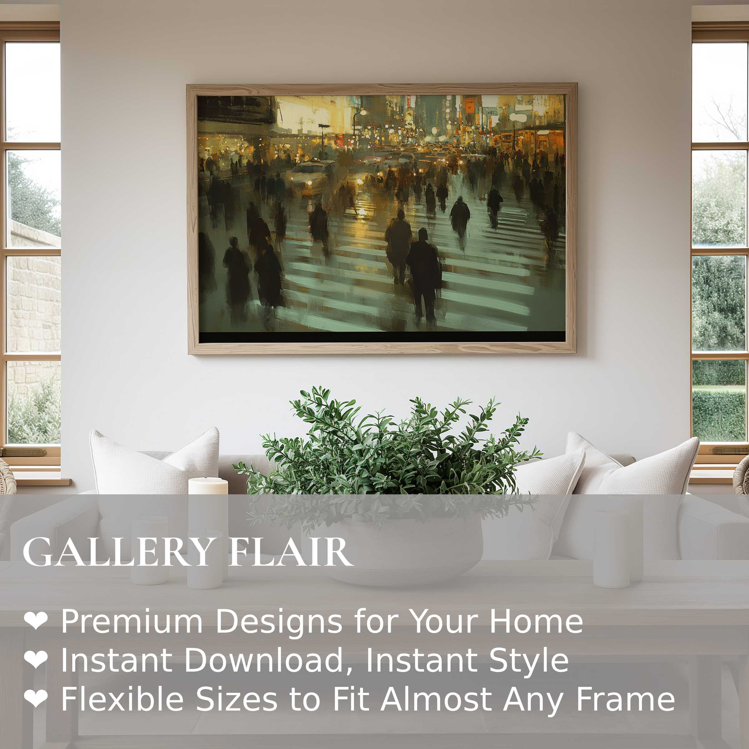 Urban art wall art print showcasing a radiant cityscape at dusk, blending dynamic motion with ambient light in a refined modern living room