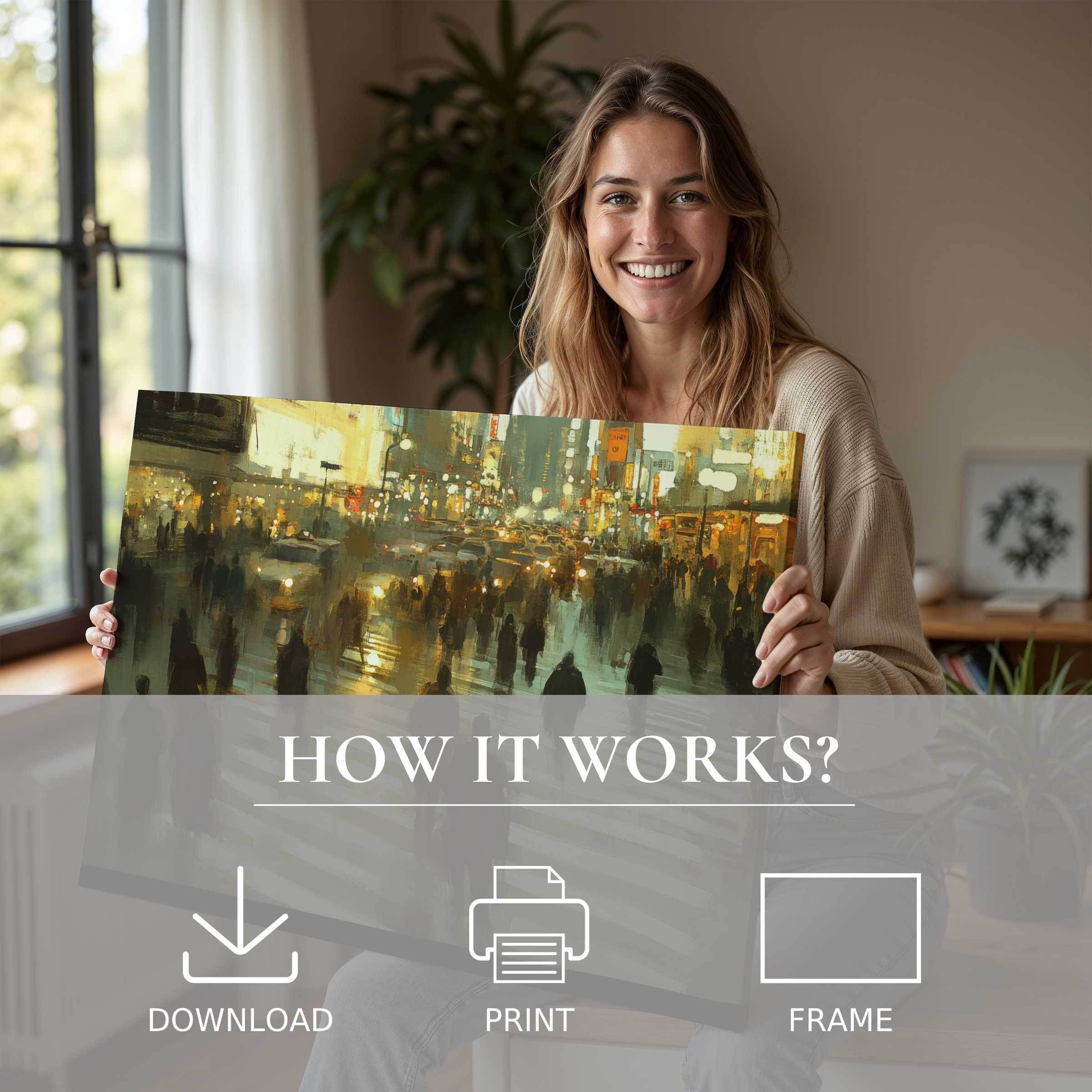 A serene moment of joy as urban digital art print transforms a modern home, blending effortless elegance with vibrant cityscape warmth