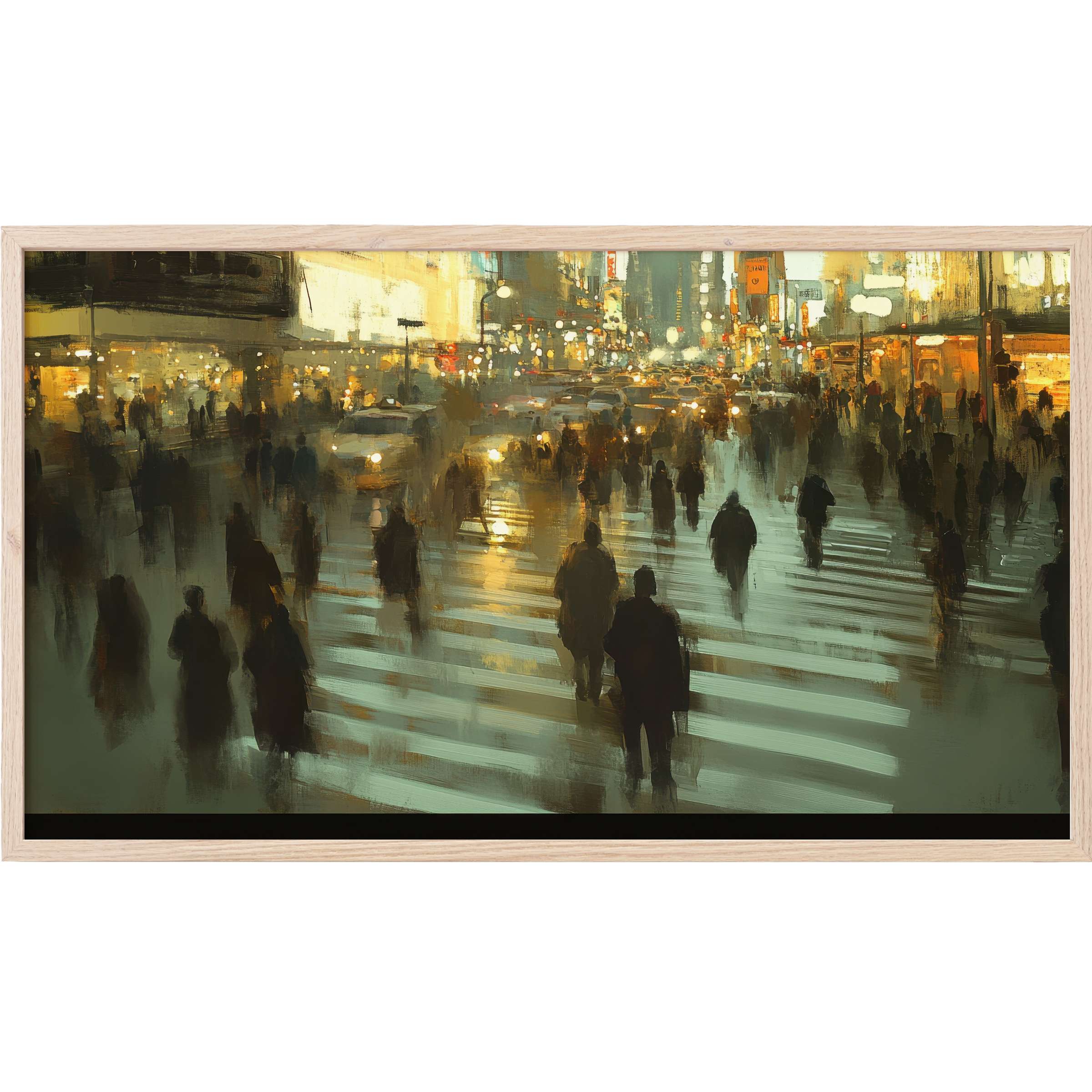 Urban dusk street scene in muted gold and teal tones, sleek shadows blending into light - urban Frame TV Art