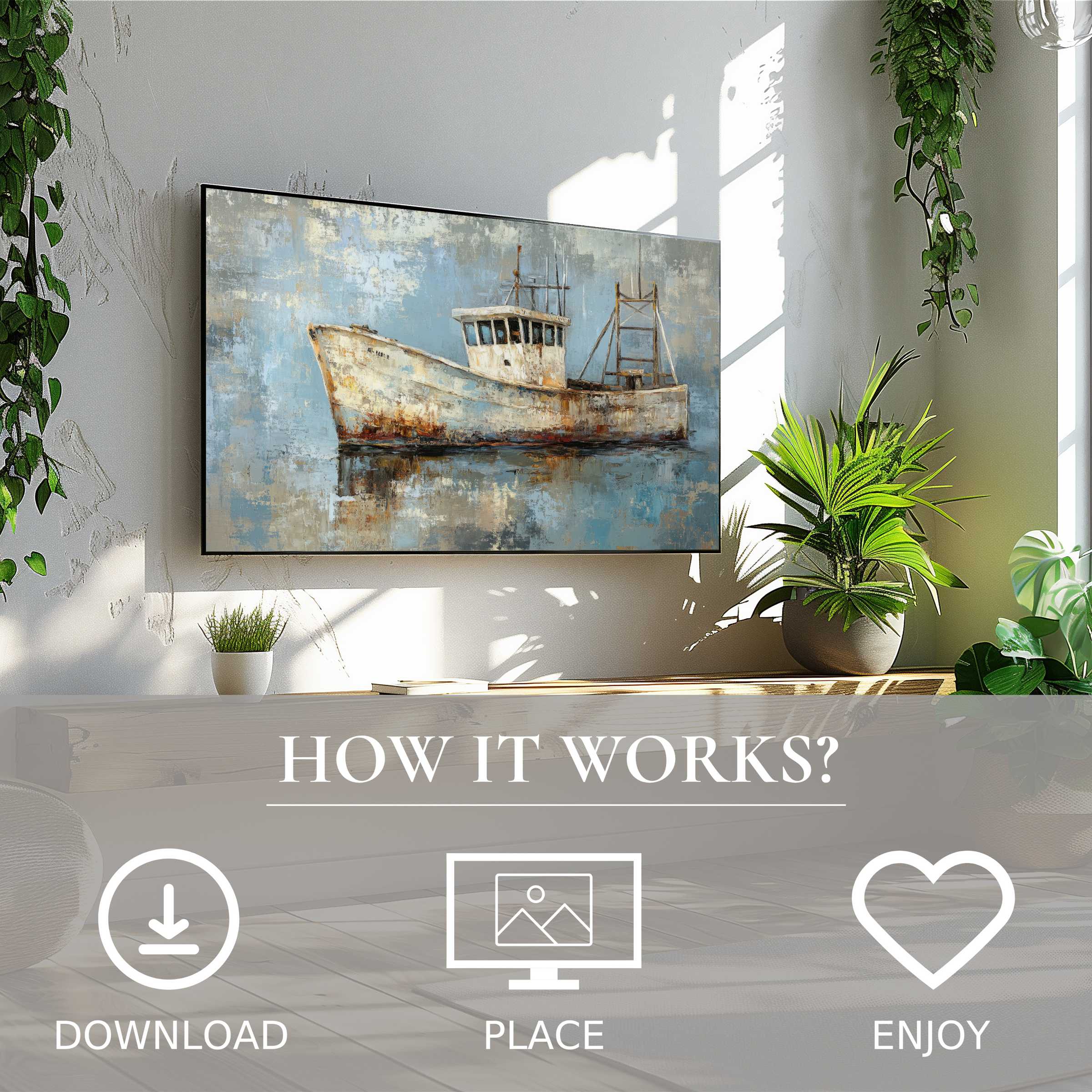 Coastal art for Samsung TV featuring a rustic boat in soft blues, easy digital download enriches modern living spaces