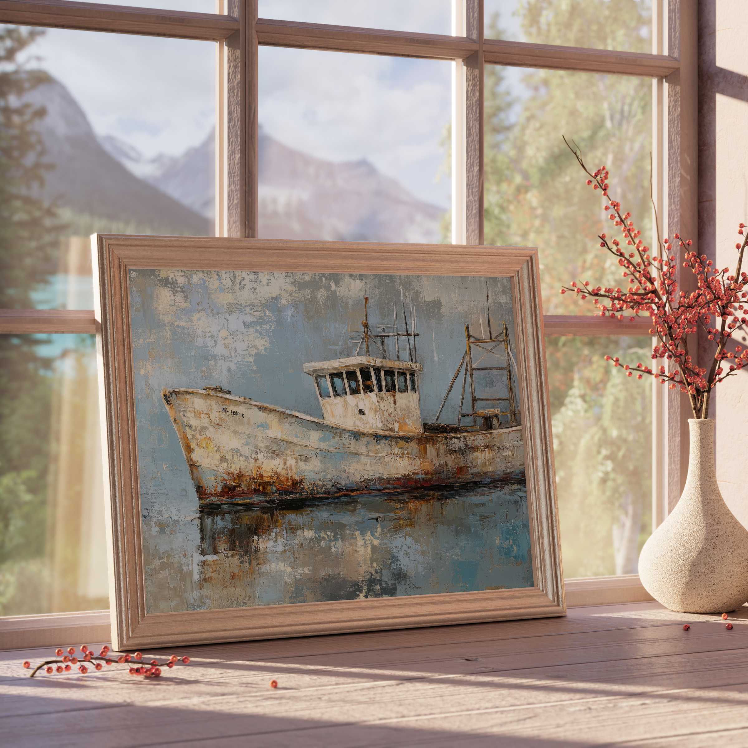 Coastal downloadable art depicting a weathered fishing boat in tranquil blues and rust tones, perfect for curated, serene interiors