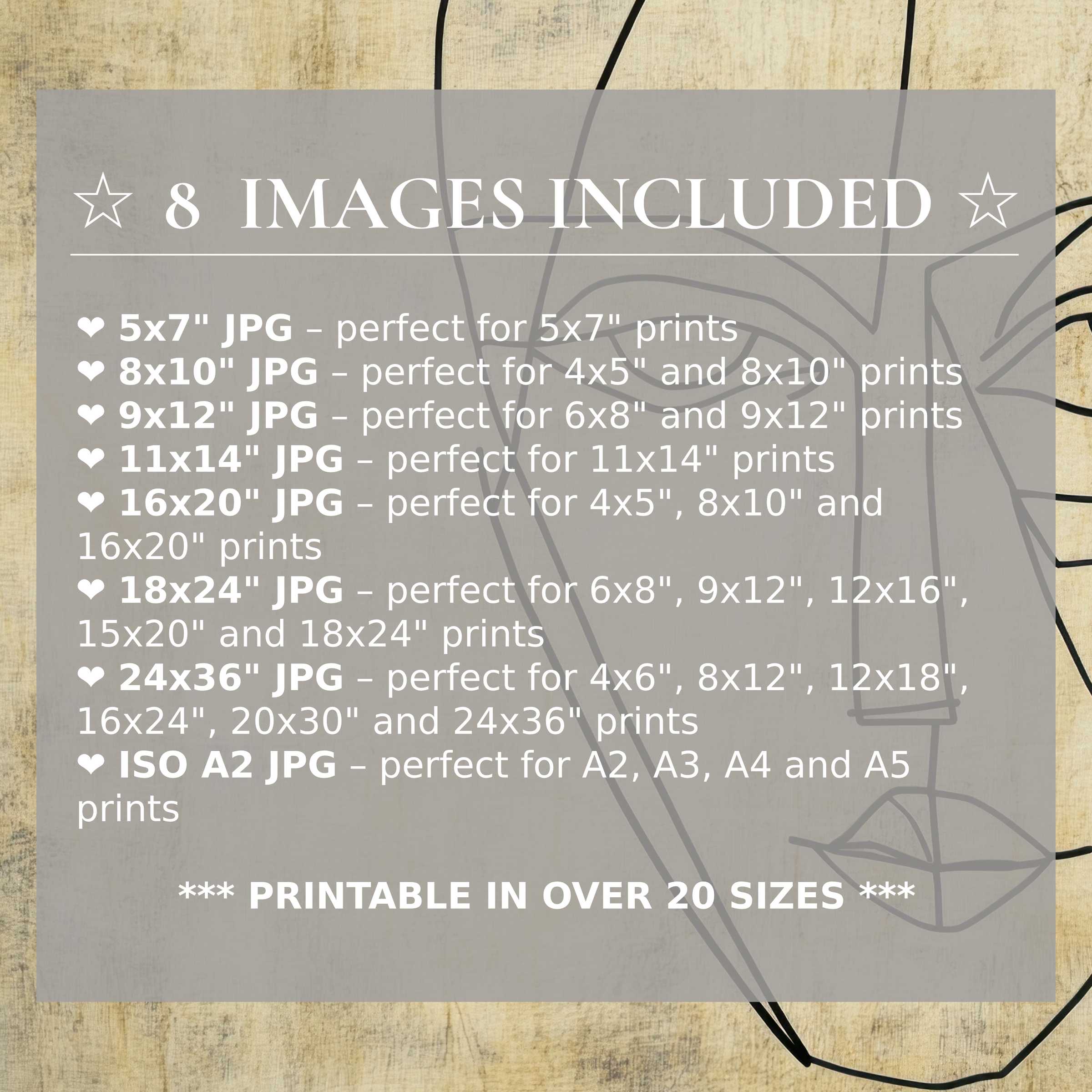 Minimalist digital print with calming beige and black tones, delivering radiant sophistication in 8 high-quality sizes included