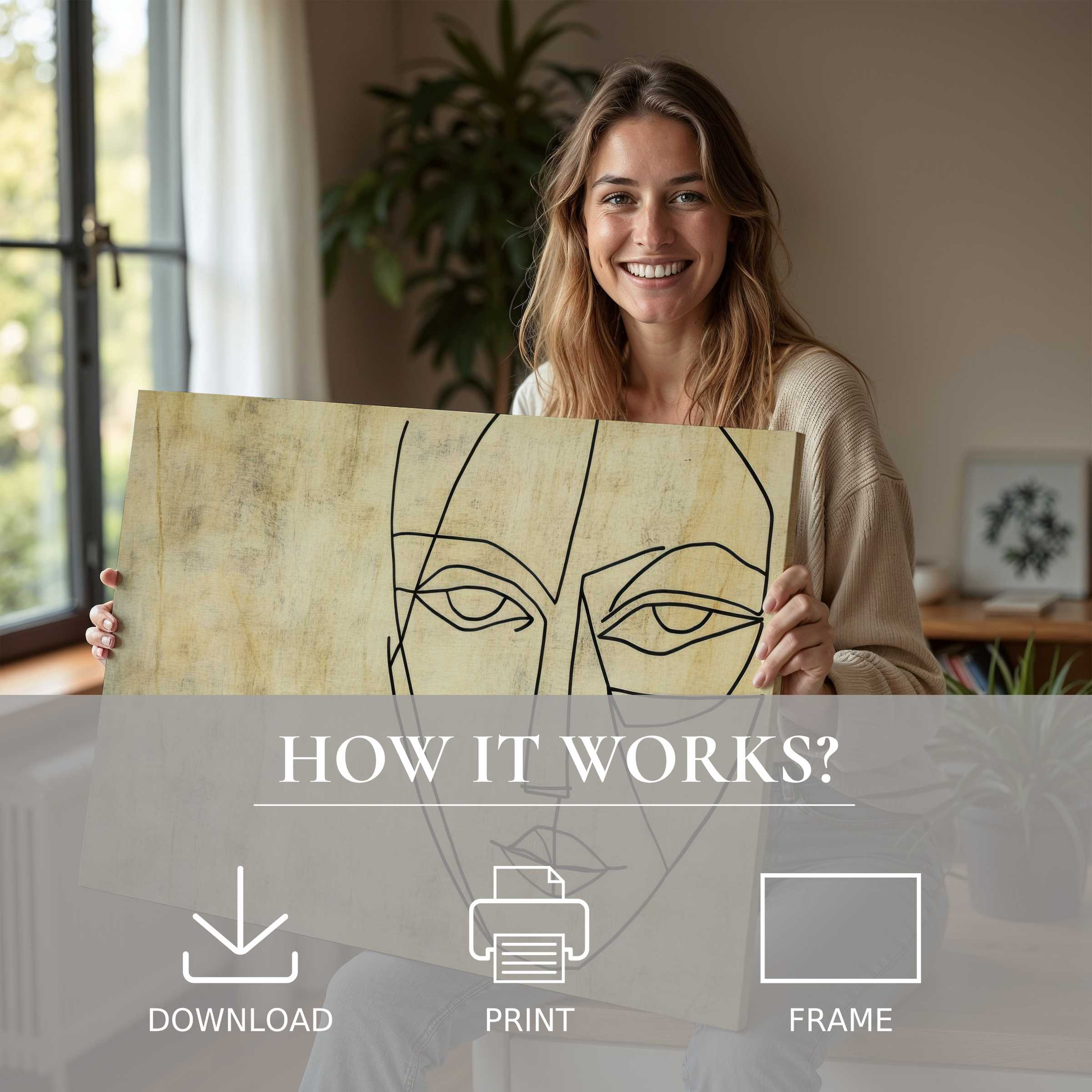 A joyful woman in a serene modern home embraces minimalist digital art print, celebrating effortless elegance and inspired living