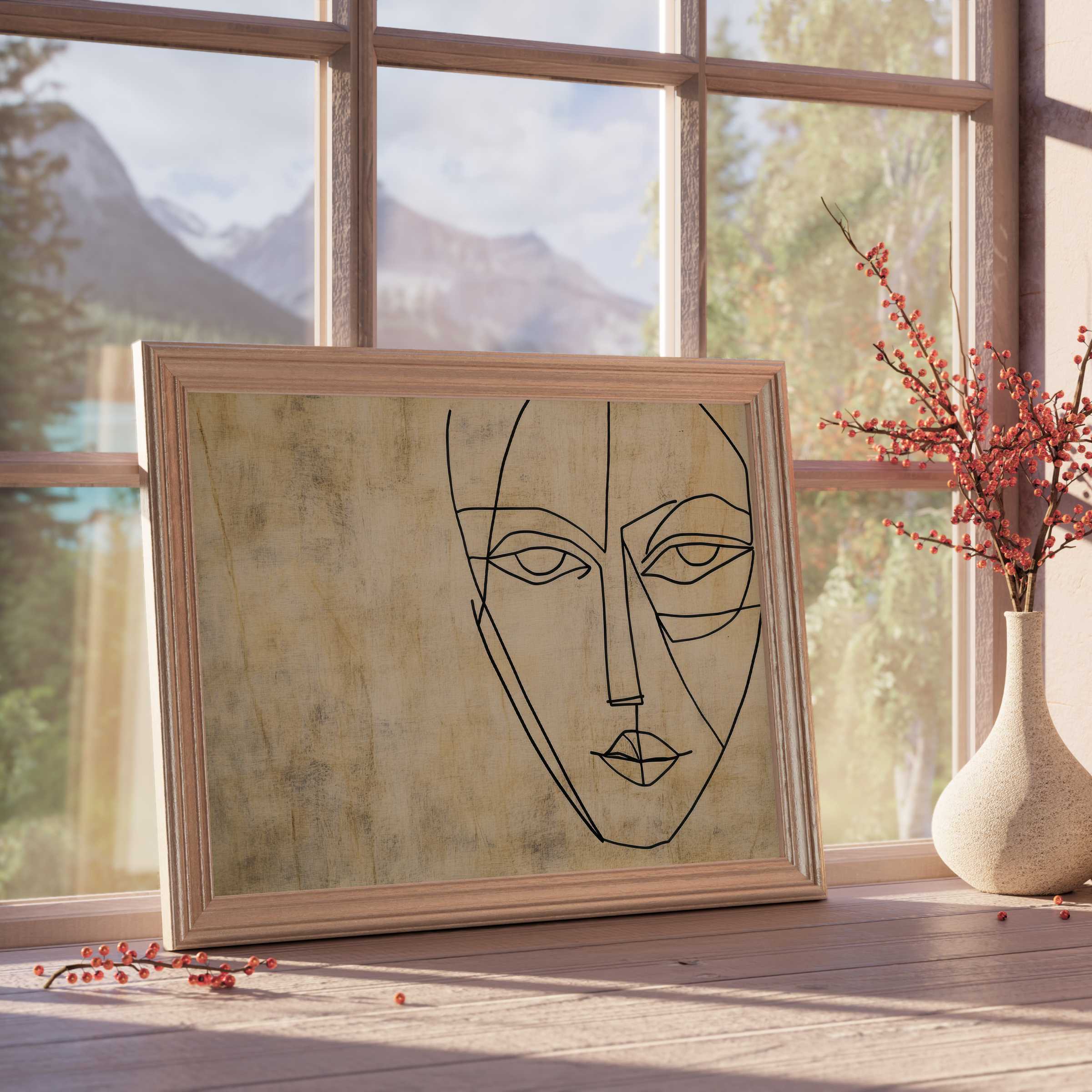 Minimalist downloadable art featuring an abstract line face in warm earth tones, perfect for serene, curated, design-forward interiors