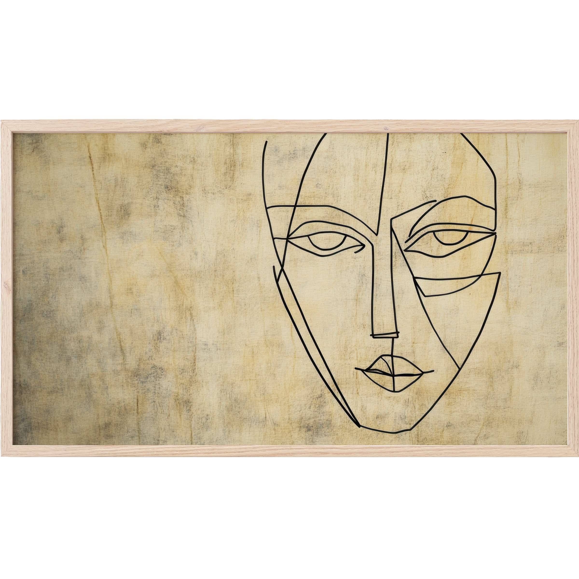 Minimalist Frame TV Art featuring an abstract black line face on a muted beige textured background