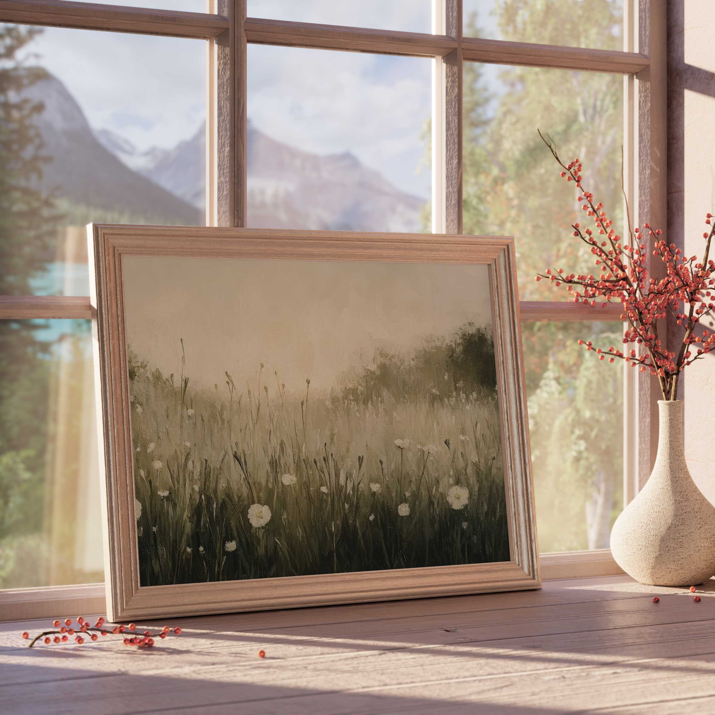 Elegant spring downloadable art capturing a serene meadow at dawn, enriching tranquil, design-forward interiors with natural charm