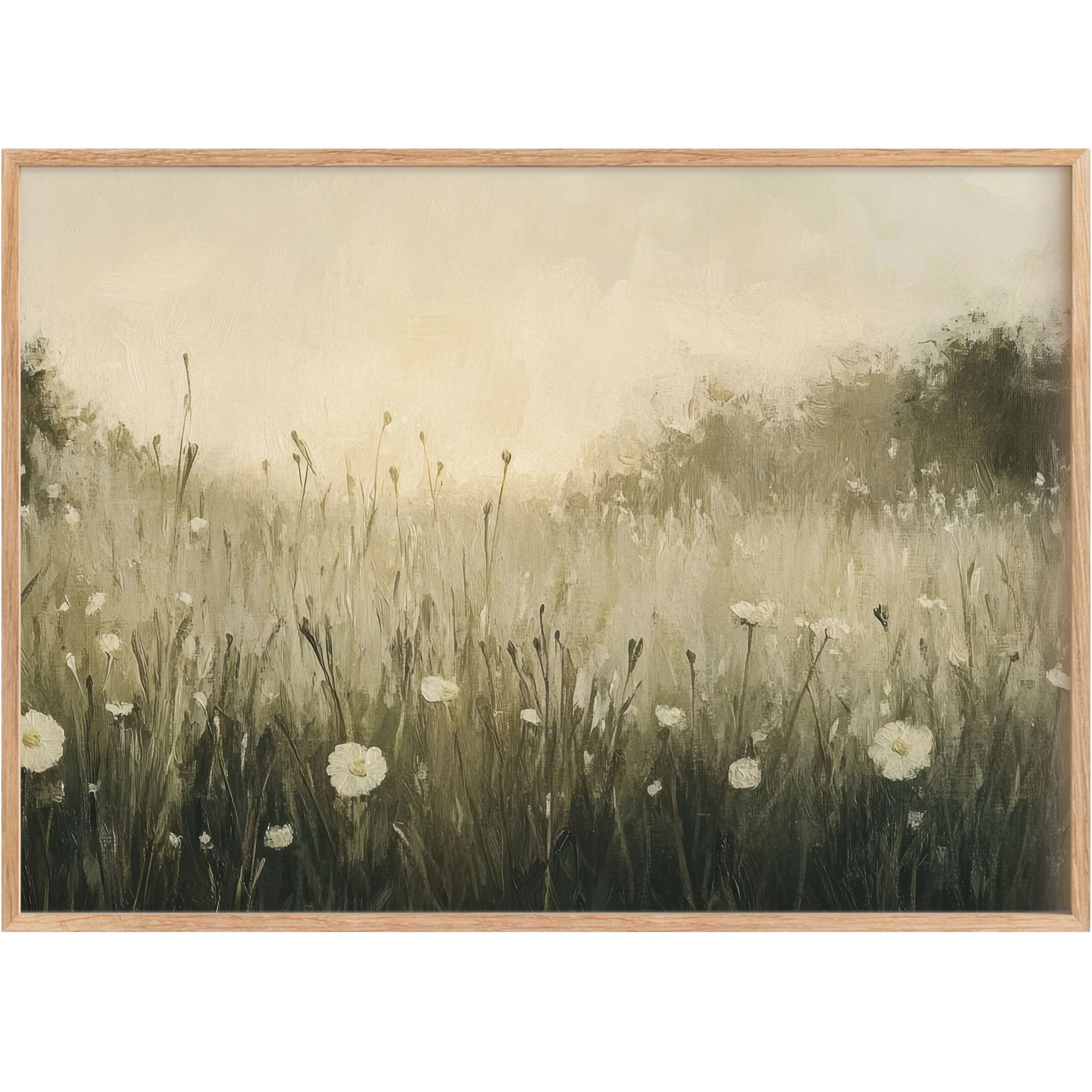 Ethereal spring printable wall art in soft greens and creams, evoking a serene meadow glow that elevates chic living spaces