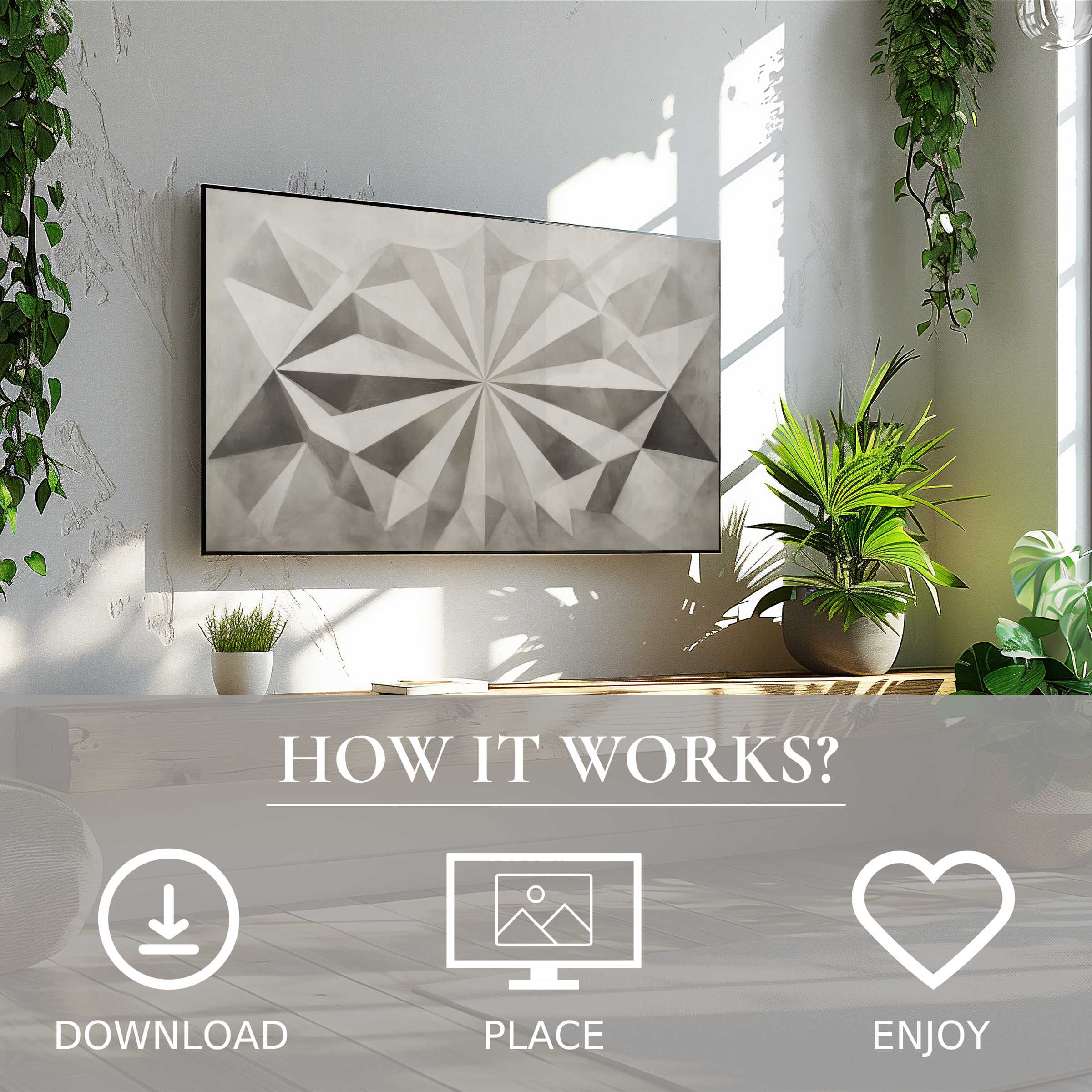 Neutral art for Samsung TV shows soft gray geometric motif, easy digital download to enrich your modern living space