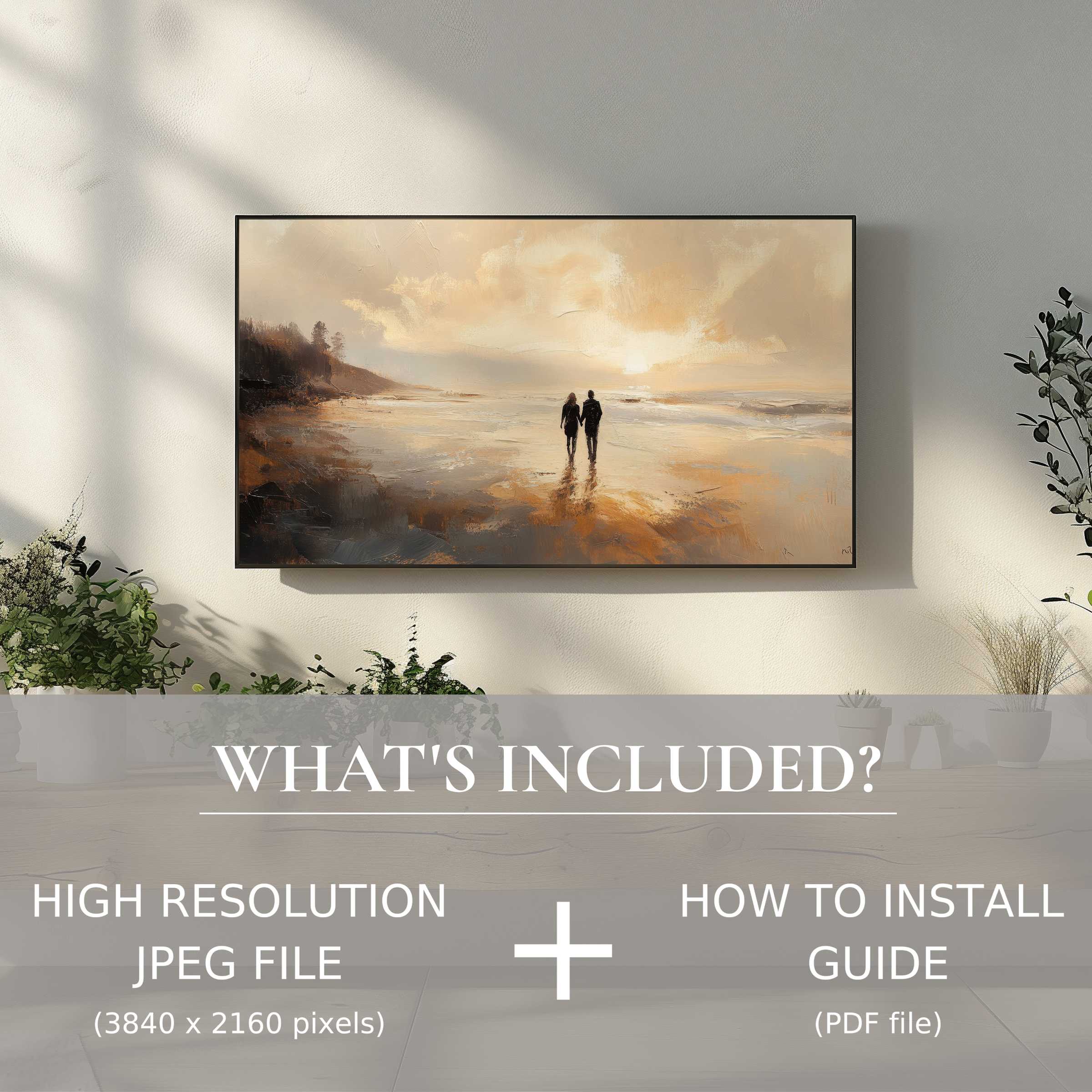 Elegant beach digital TV art download, easy to use, enhances modern living spaces with serene coastal ambiance