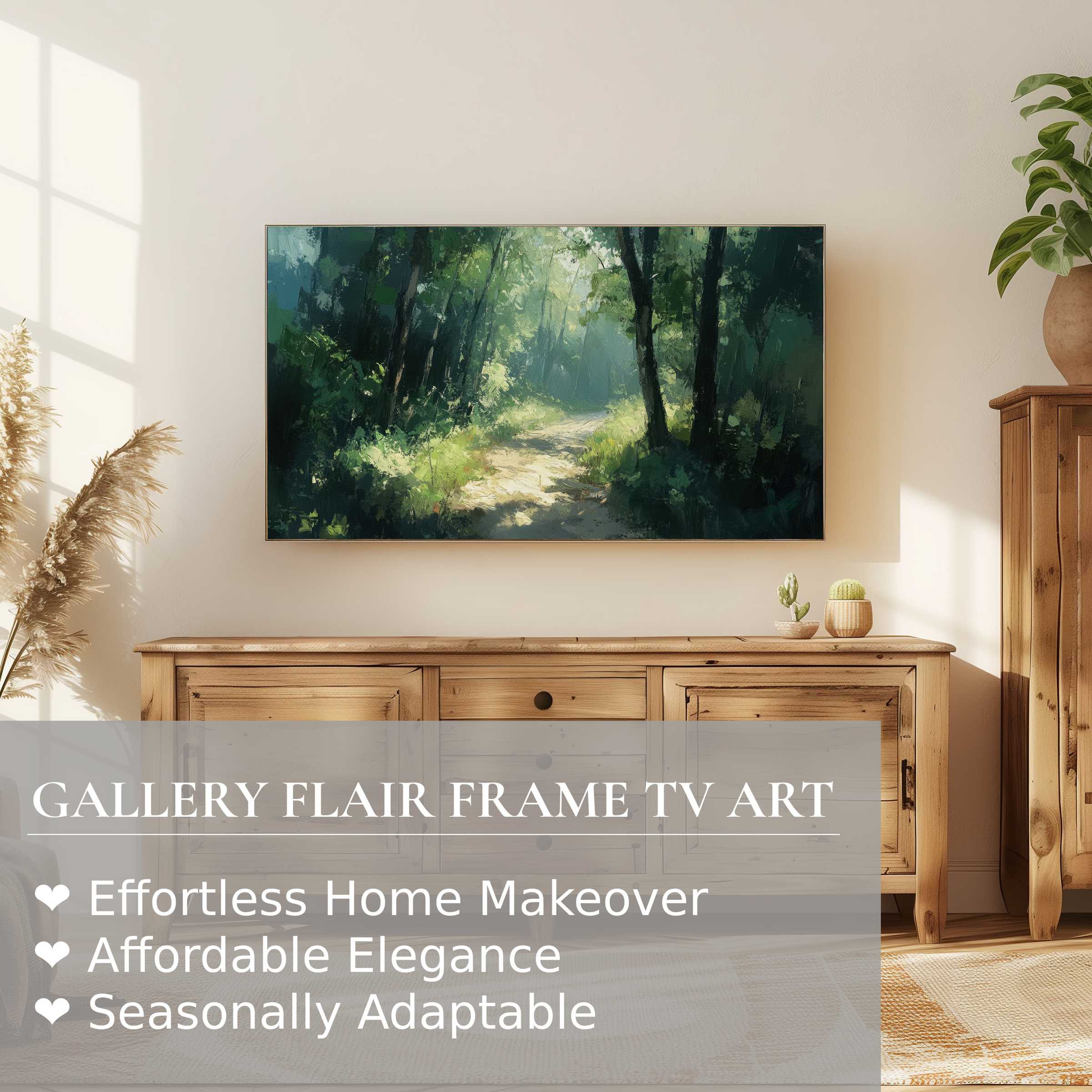Samsung Frame TV displays serene summer digital artwork of a sunlit forest path in an elegant modern setting