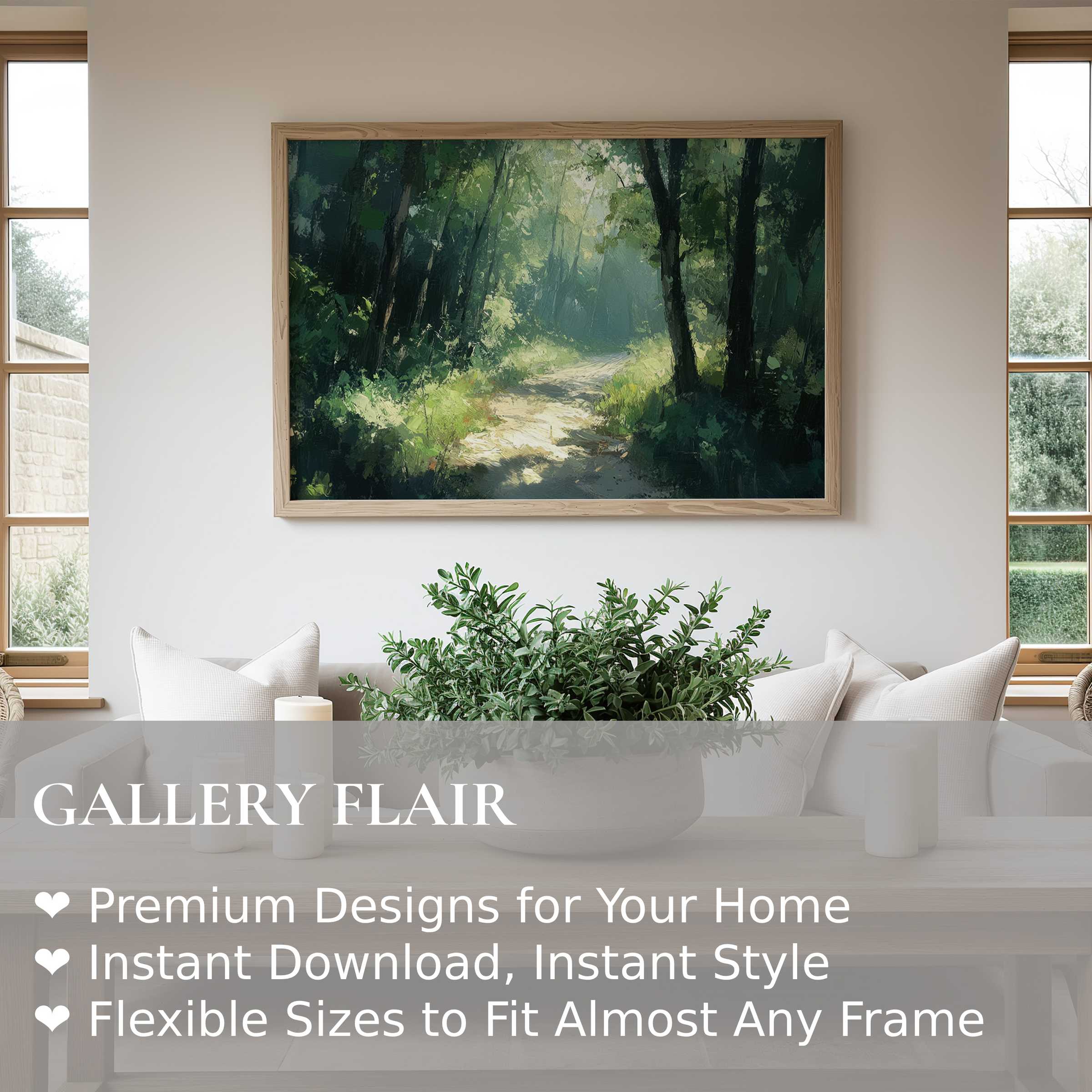 Summer wall art print featuring a radiant forest path in lush green tones, enhancing modern, serene living spaces with natural elegance