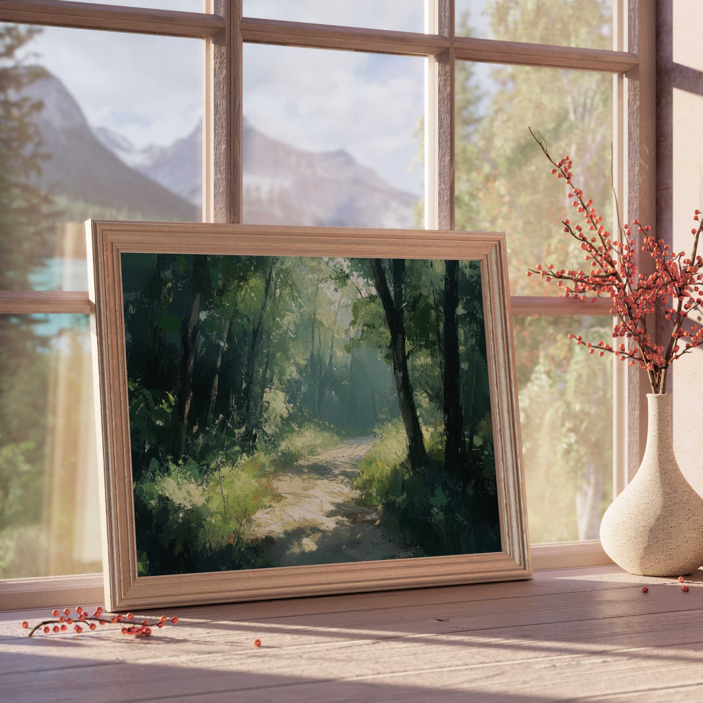 Sun-dappled forest path art, a summer downloadable art piece radiating calm, enriching design-forward homes with serene nature