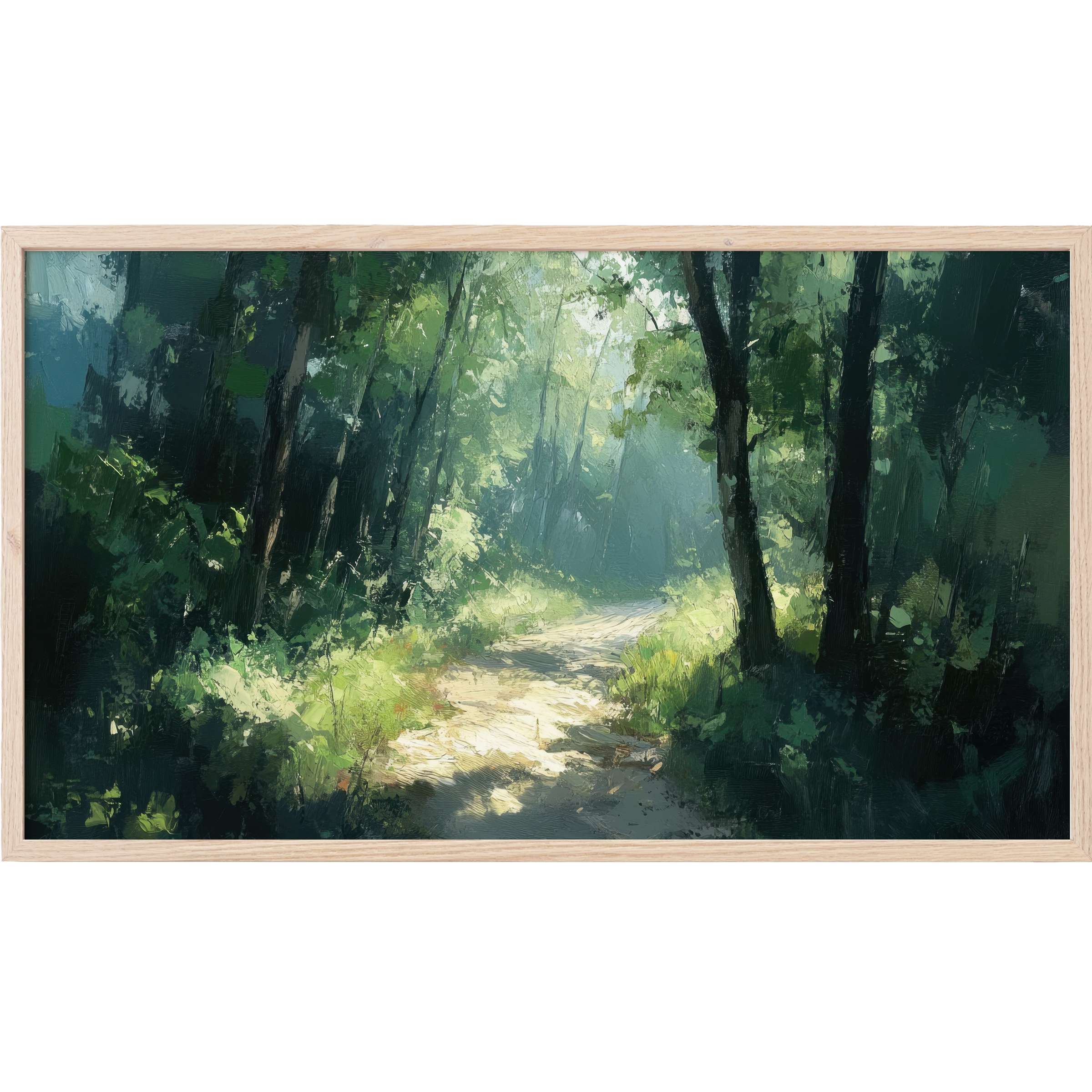 Lush forest path bathed in soft sunlight with deep greens and blues, a serene summer Frame TV Art piece