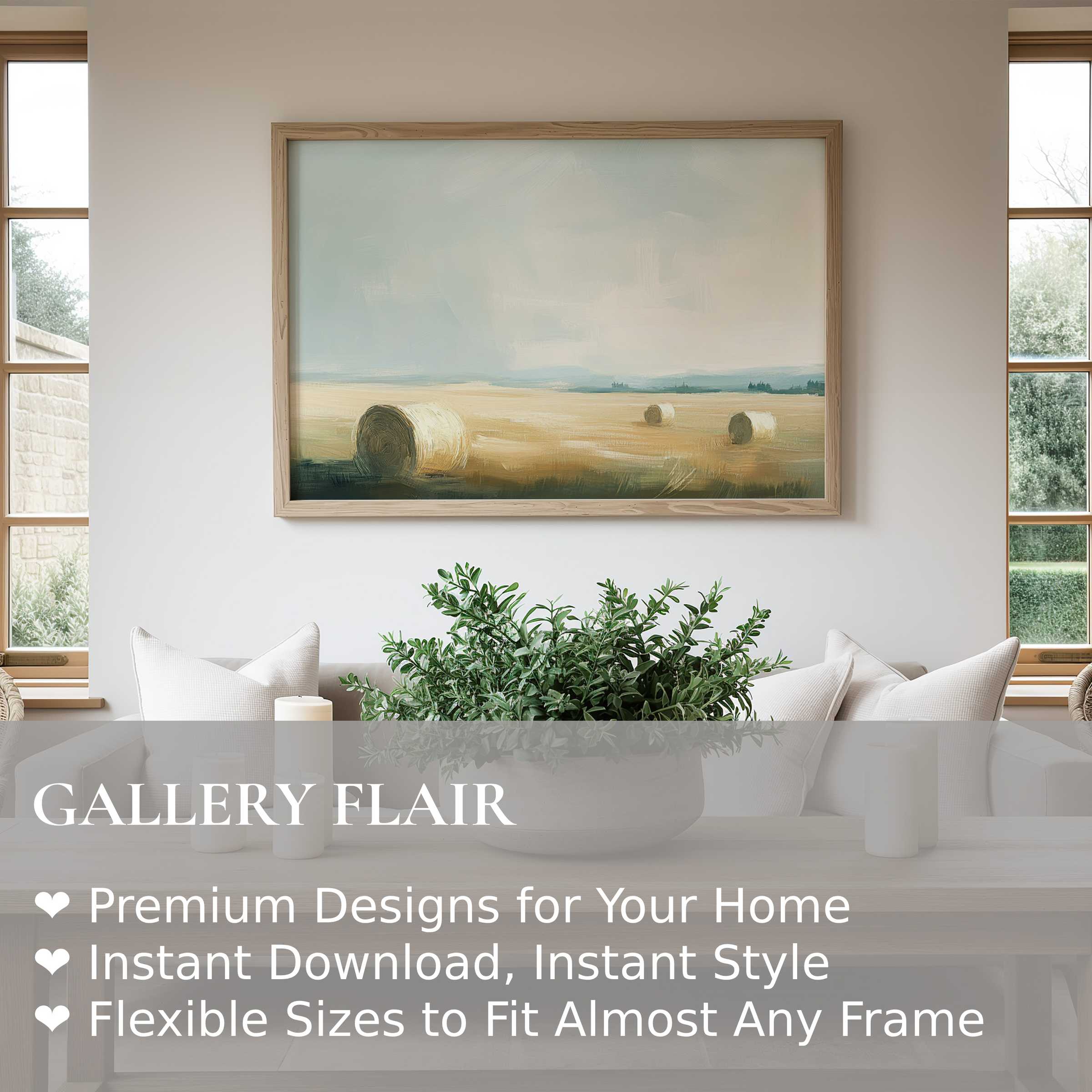 Serene landscape wall art print with soft hayfield hues enriches modern farmhouse interiors with calming, natural elegance and warmth