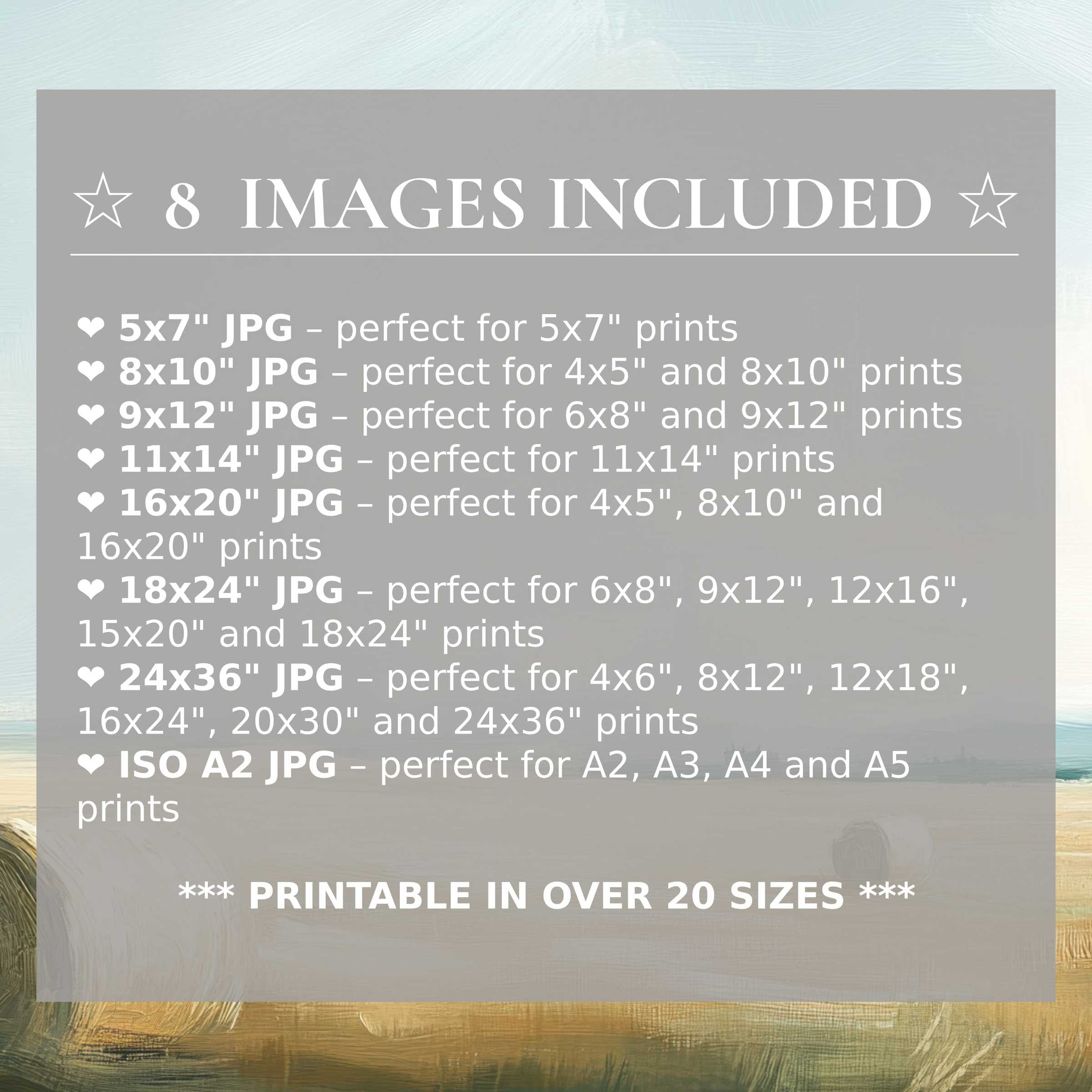 Radiant landscape digital print in soft blues and earthy tones, offered in 8 high-quality sizes included with download to elevate modern interiors with versatile style