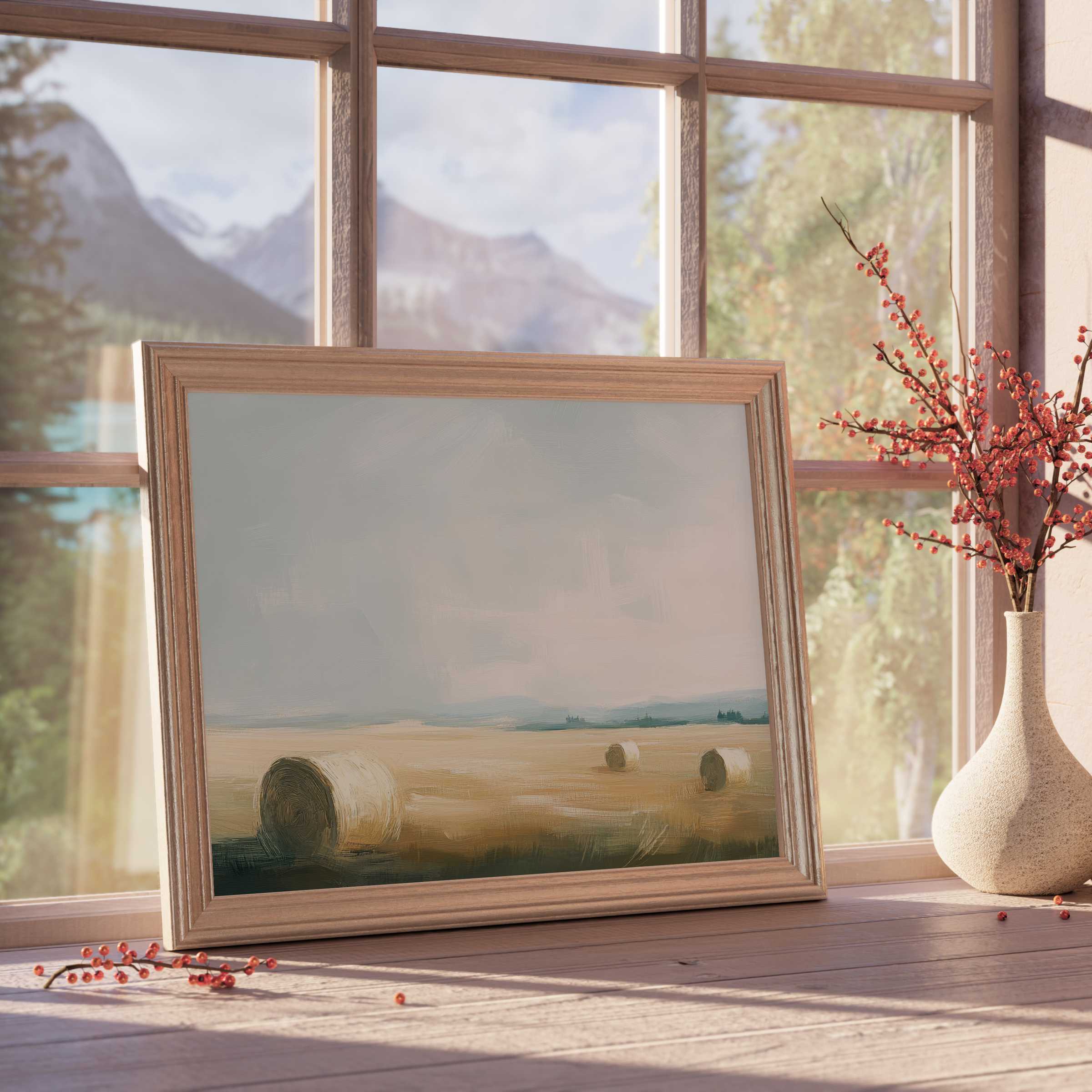 Tranquil landscape downloadable art with sunlit hay bales, enhancing serene, curated interiors with natural warmth and rustic charm