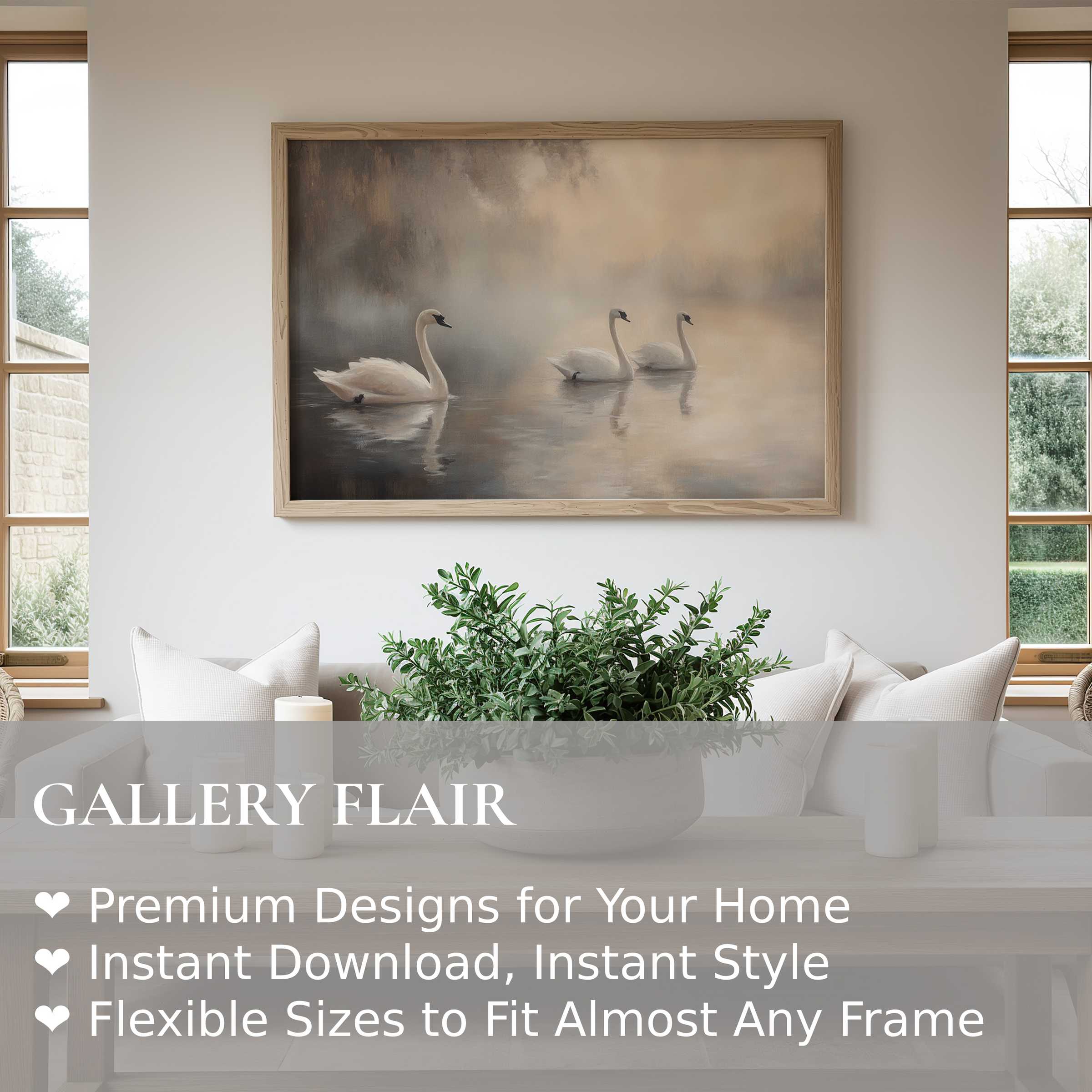 Vintage wall art print featuring serene swans gliding on misty water, radiating calm elegance in a modern minimalist living space