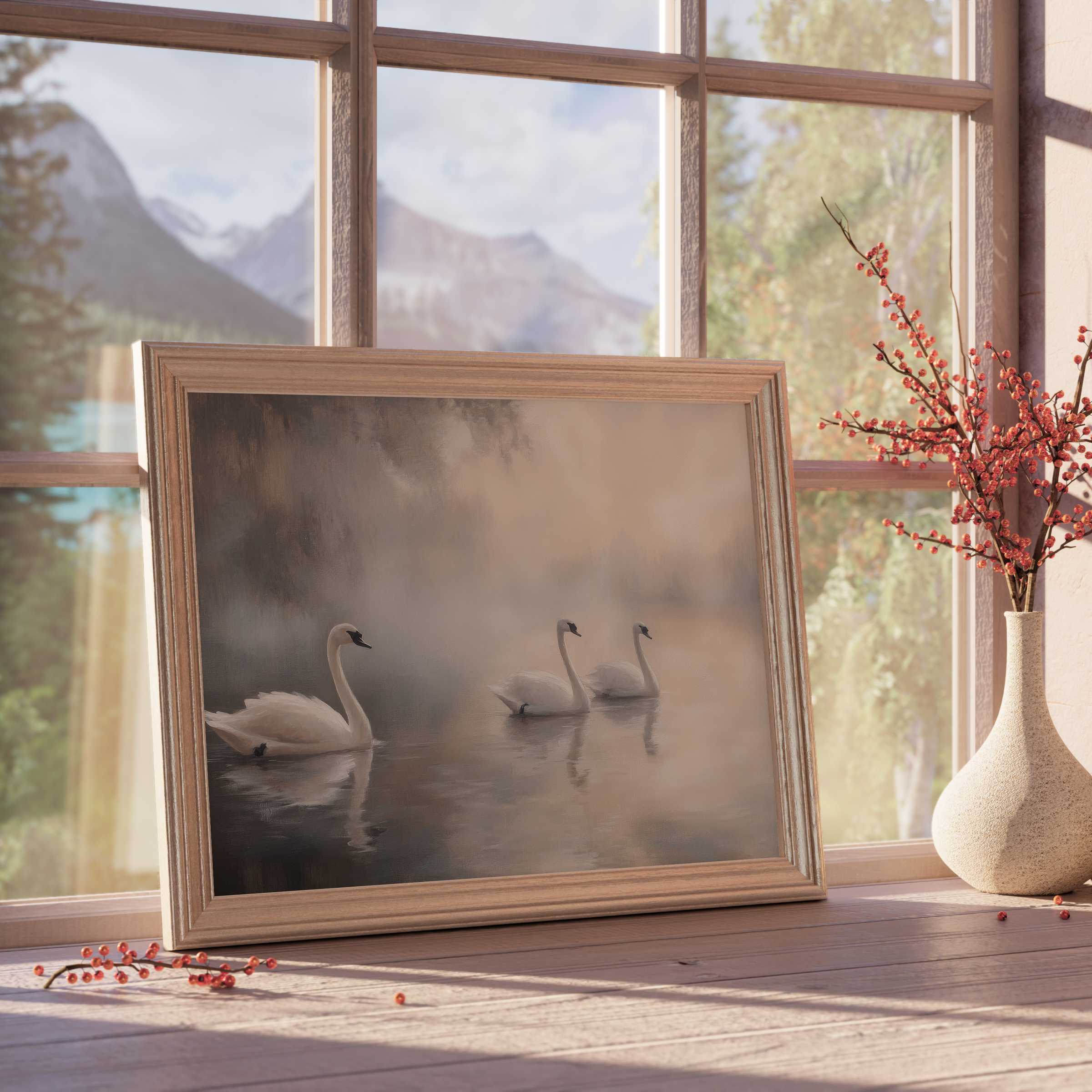 Vintage downloadable art capturing serene swan silhouettes in misty waters, enhancing tranquil, curated interiors with timeless elegance