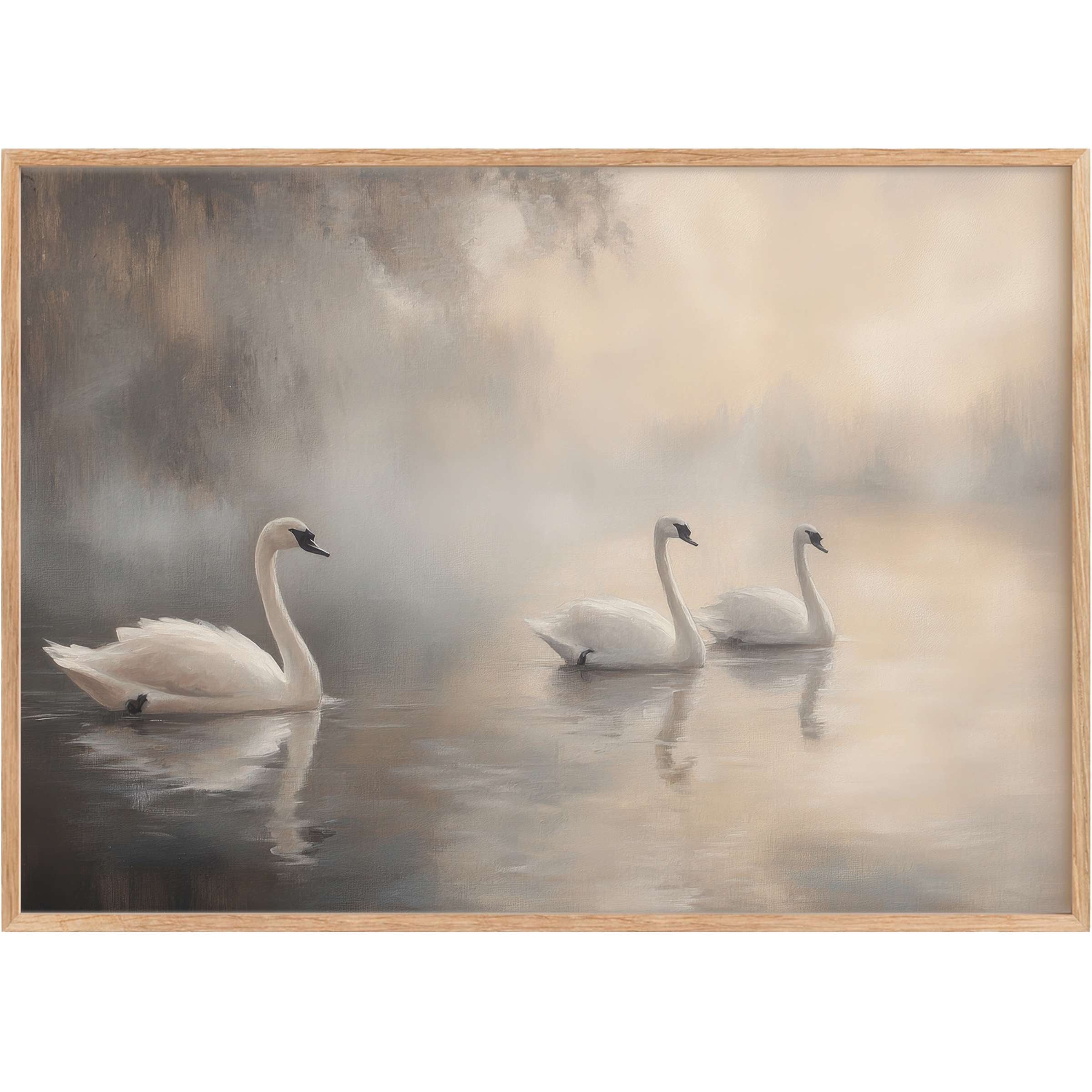 Elegant vintage printable wall art of serene swans gliding through a misty lake, bathed in soft grays and warm creams