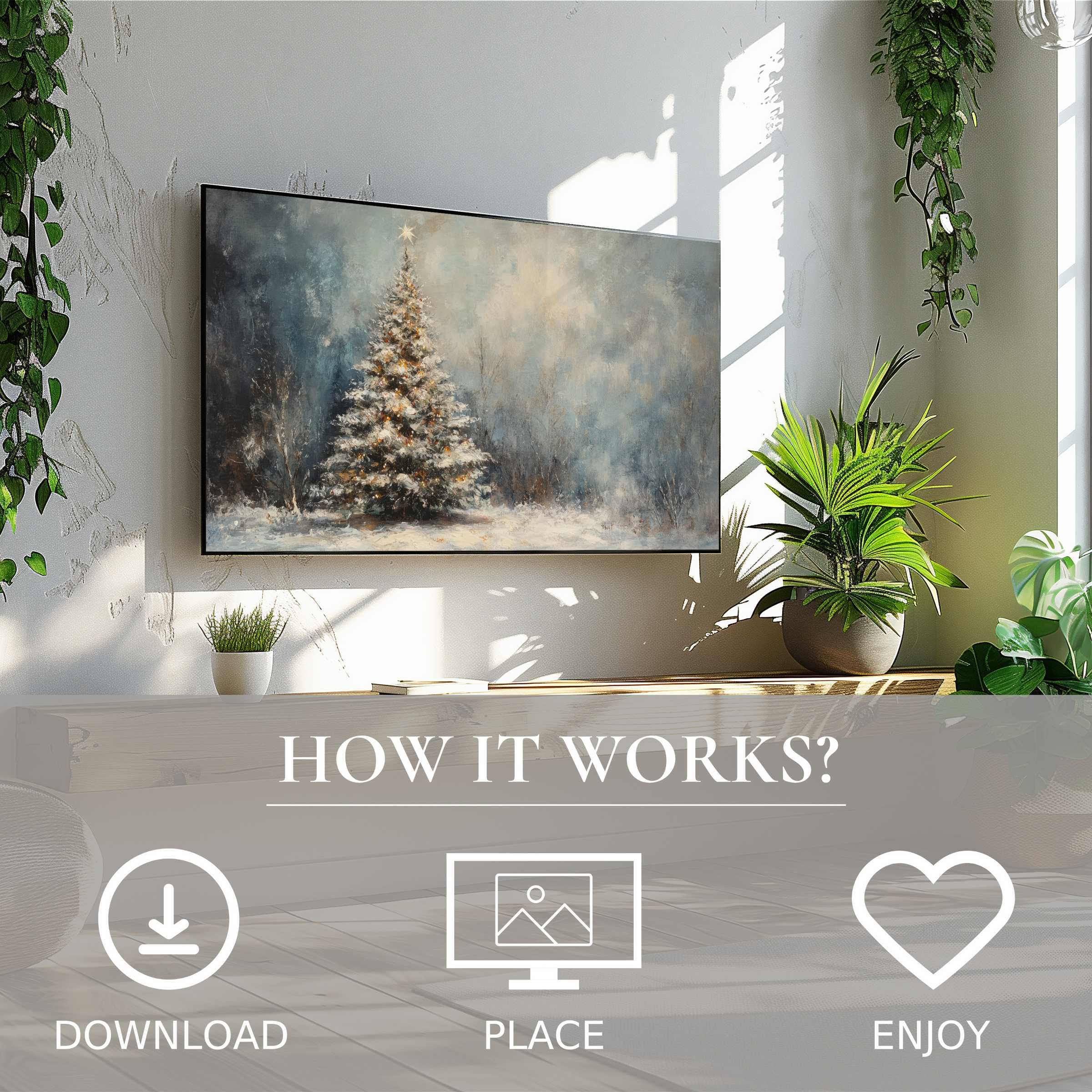 Modern living room with green plants and christmas art for Samsung TV showing snowy tree in soft winter tones Easy digital download