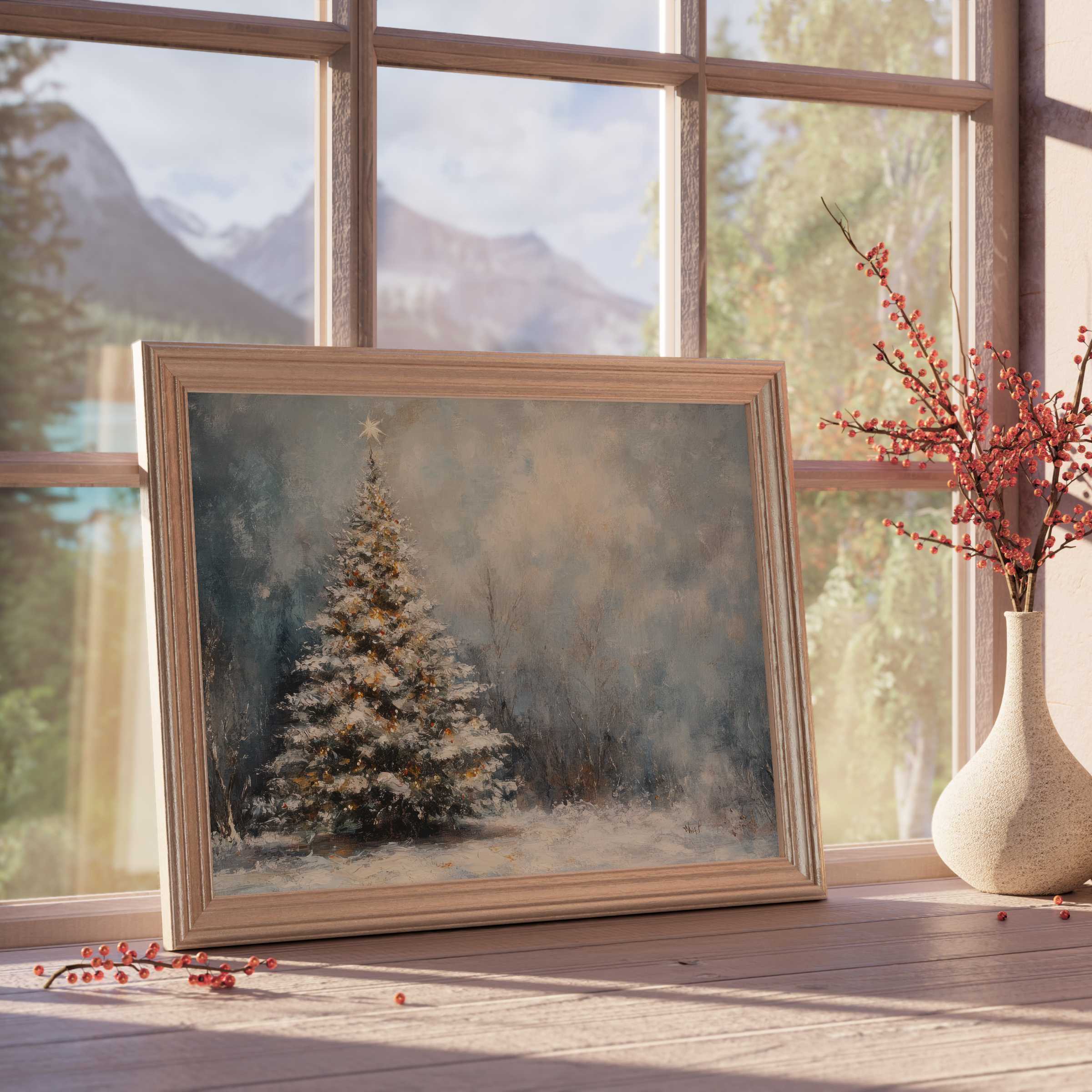Christmas downloadable art featuring a snow-kissed tree aglow with subtle lights, enriching serene, design-forward interiors