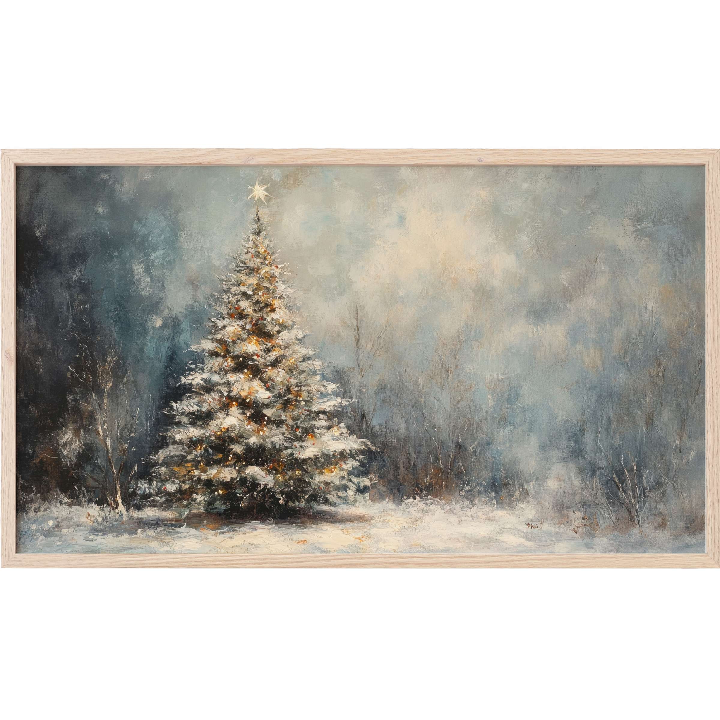 Elegant winter scene with softly lit snow-covered tree in muted blues and creams, a serene christmas Frame TV Art