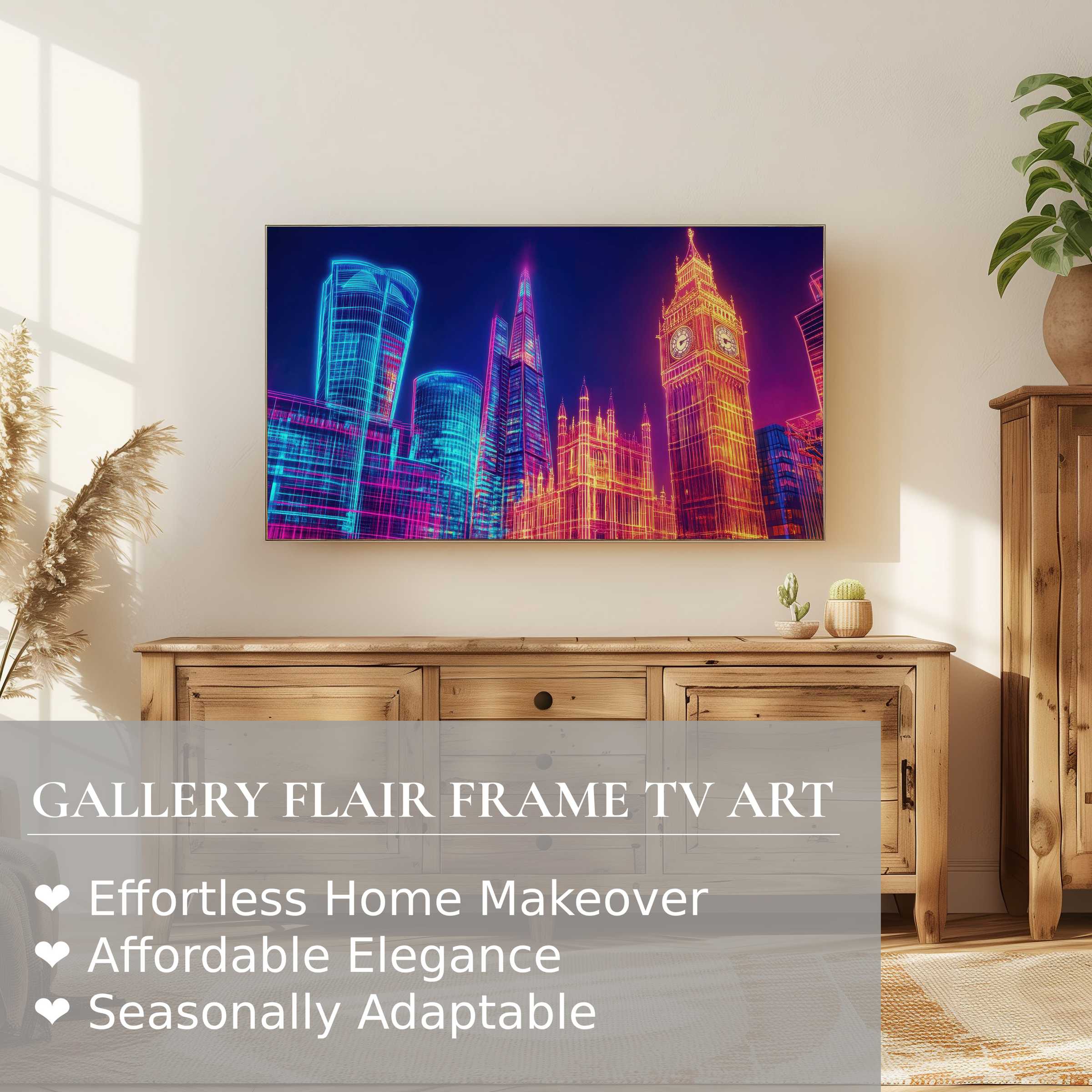 Samsung Frame TV displays vivid pop art digital artwork of a neon cityscape in an elegant, modern living space