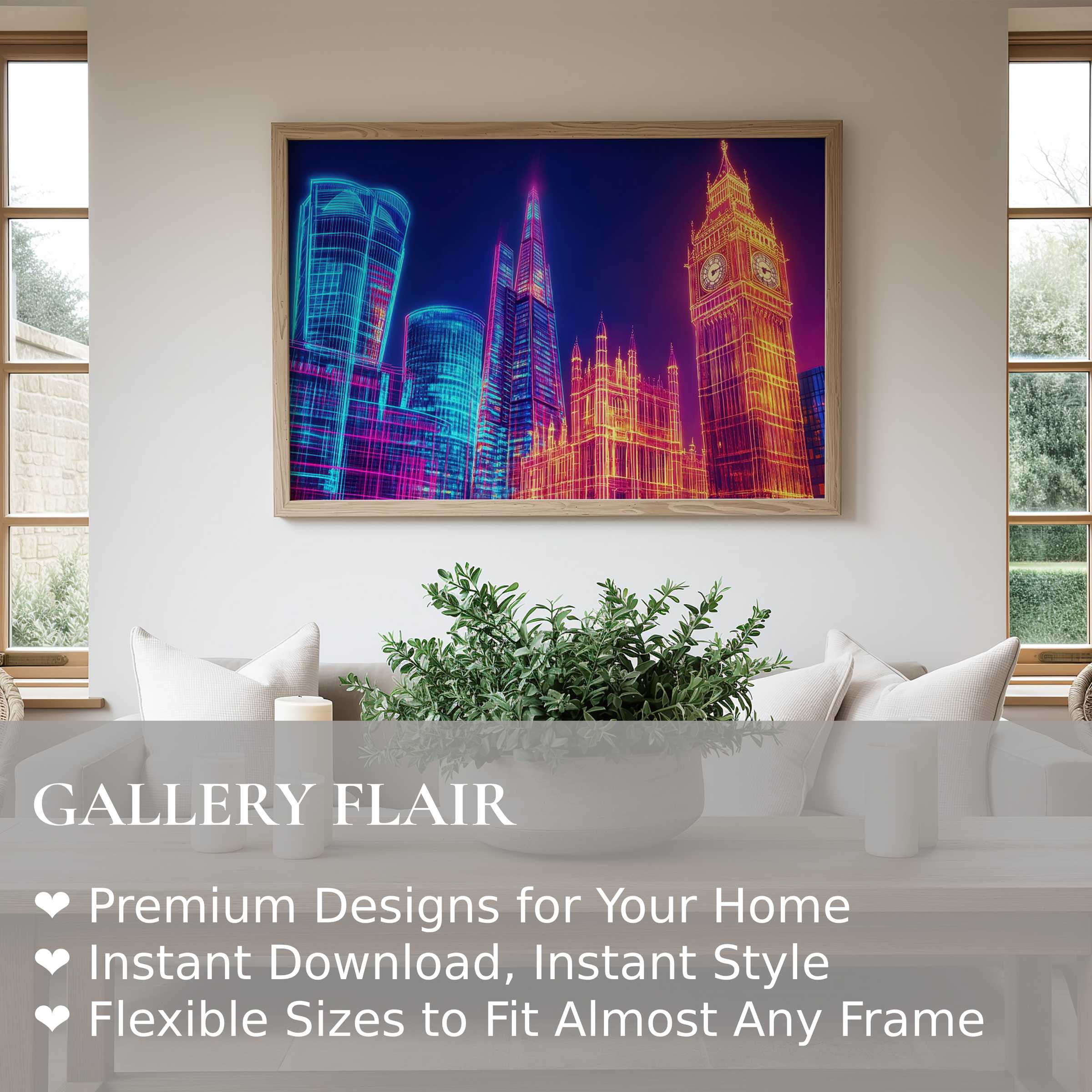 Pop art wall art print capturing London’s skyline in vibrant neon hues, radiating bold energy and urban sophistication in a modern minimalist living space