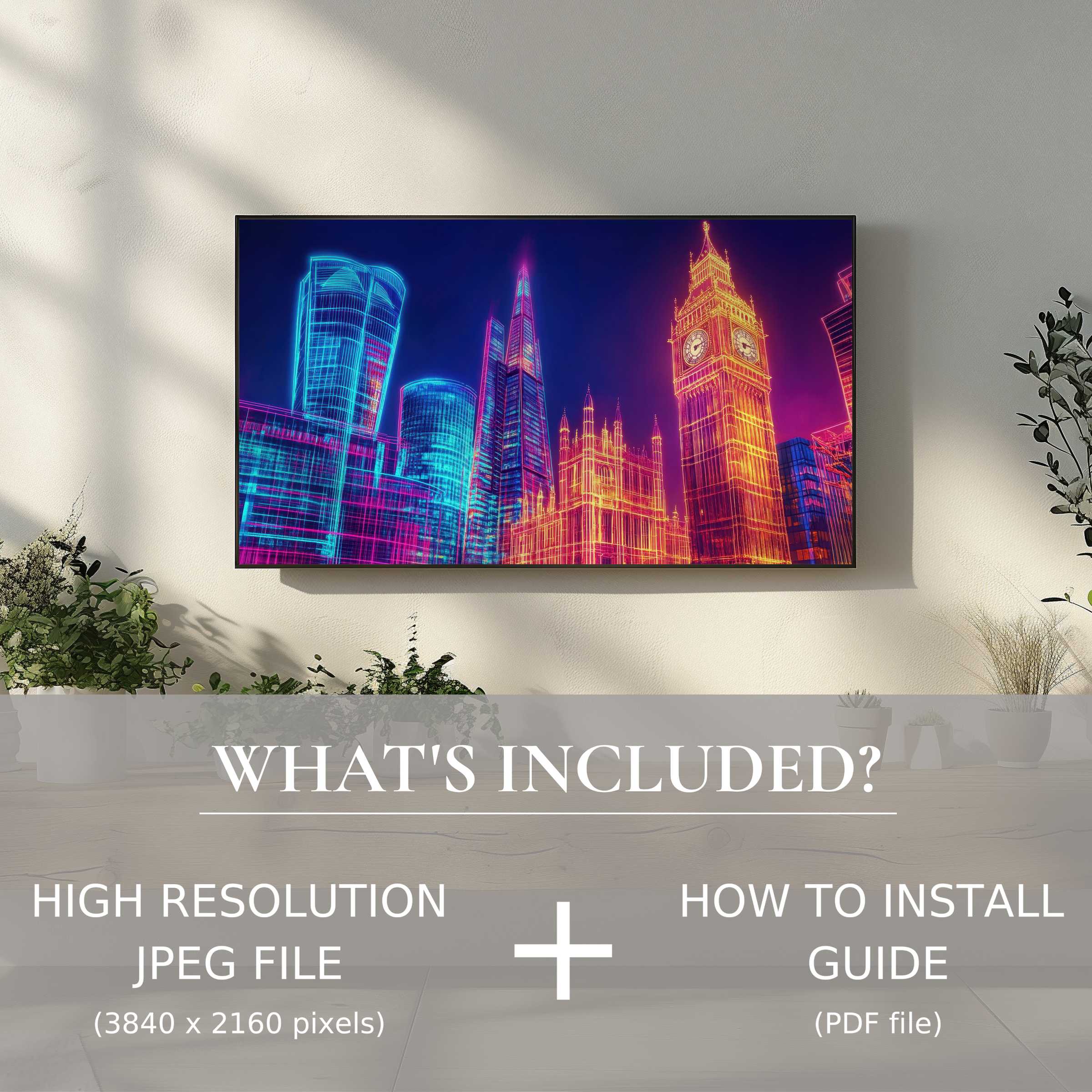 Elegant living room featuring vibrant pop art digital TV art download, easy digital use enhancing modern decor