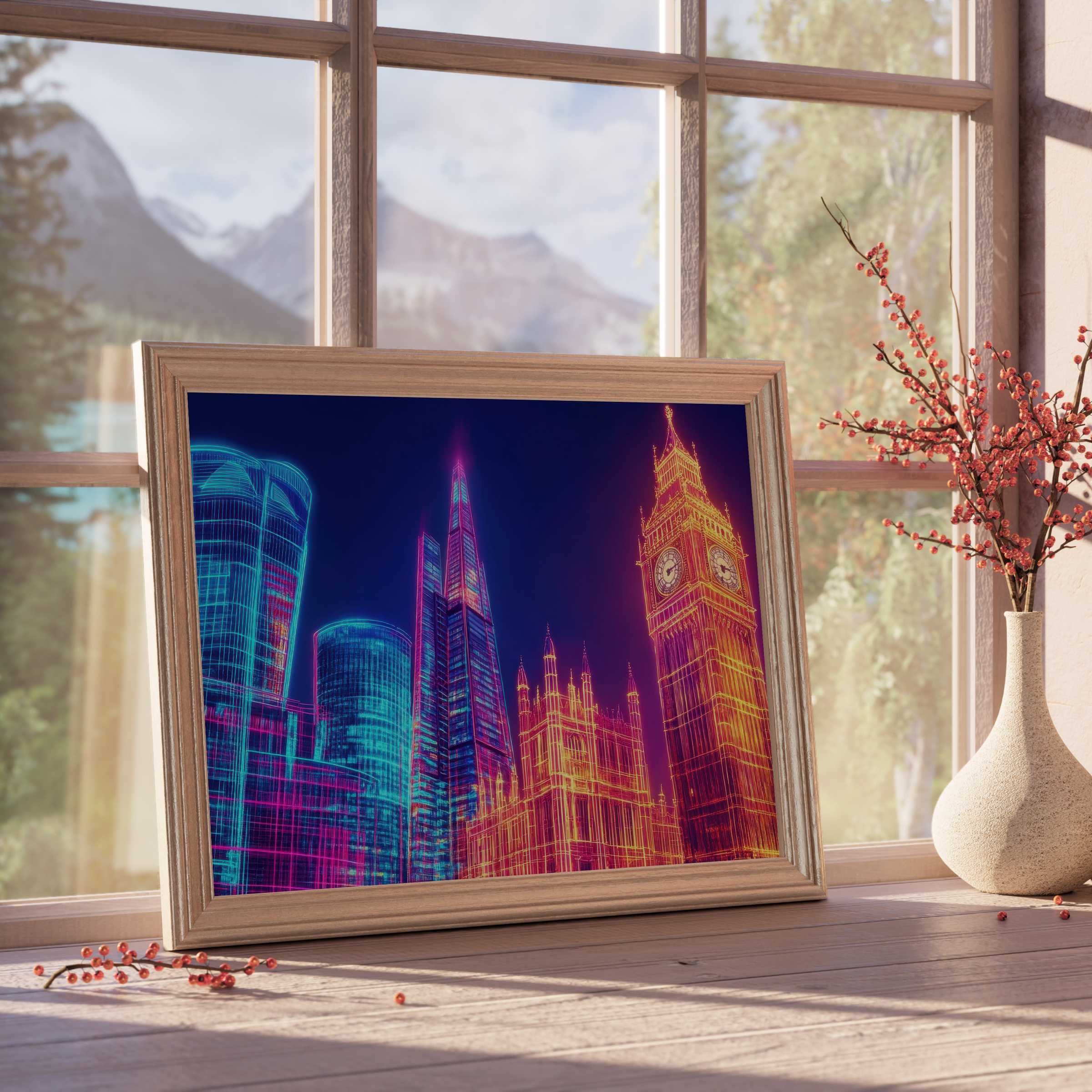 Vibrant pop art downloadable art of neon London skyline, elevating curated interiors with electric hues and sophisticated urban energy