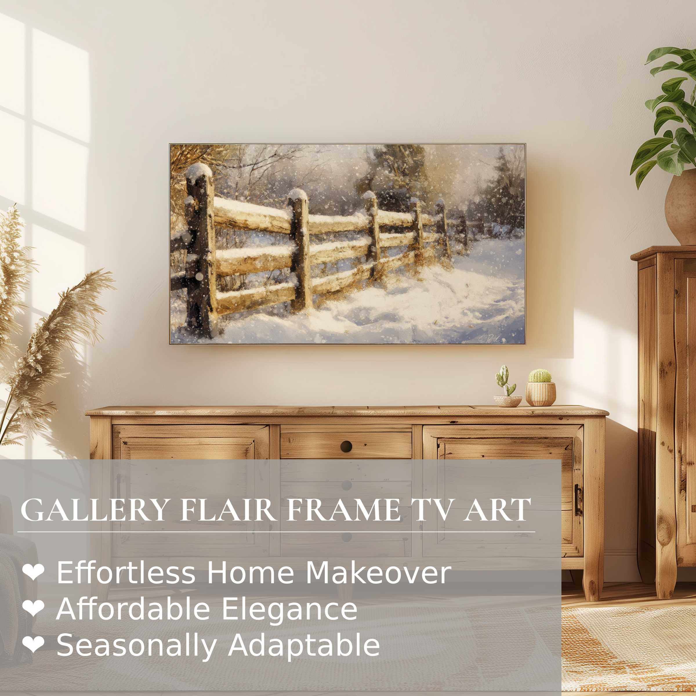 Samsung Frame TV displaying serene winter digital artwork, blending rustic charm with modern home decor elegance