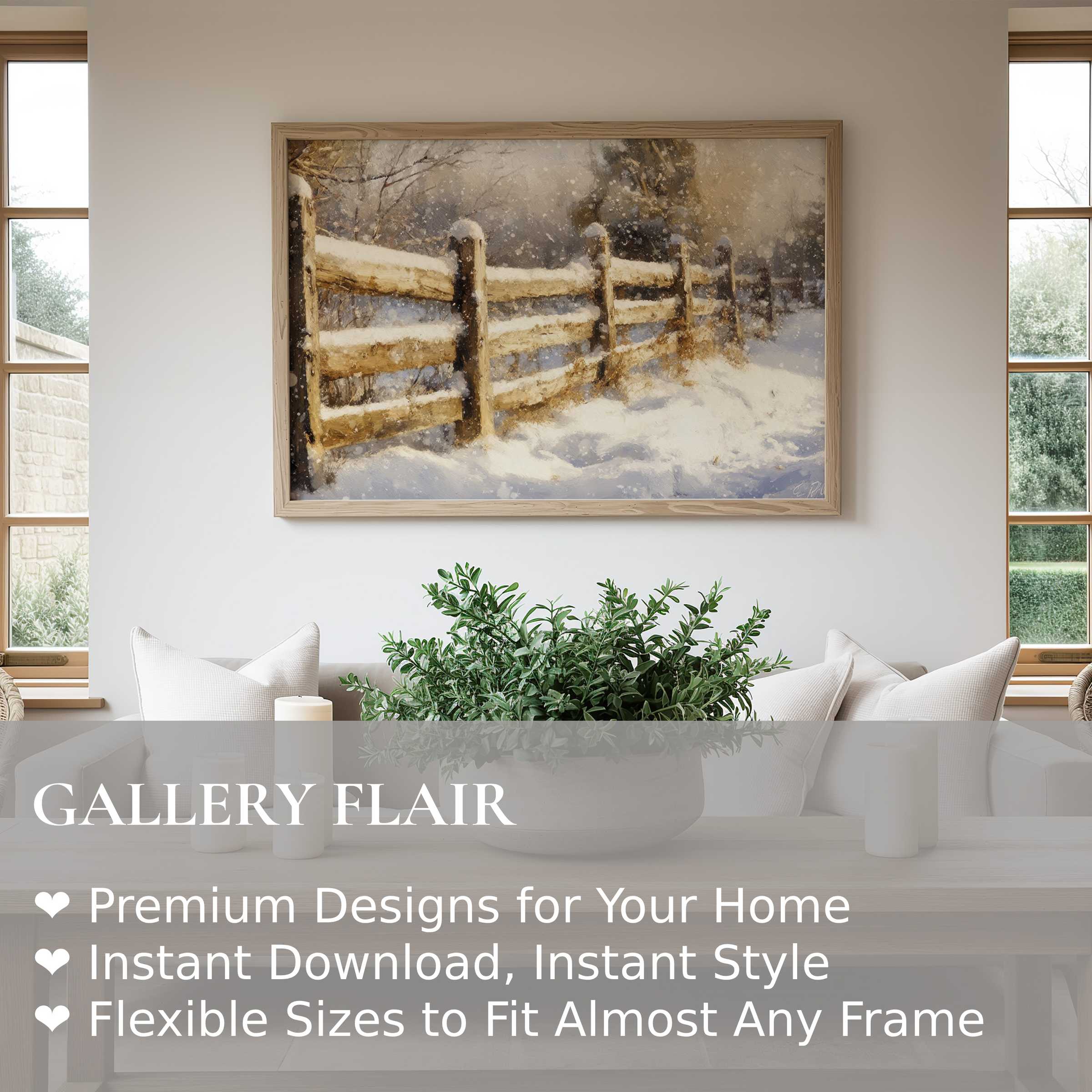 Serene winter wall art print of a snow-covered rustic fence, enhancing minimalist interiors with soft, calming, and timeless elegance