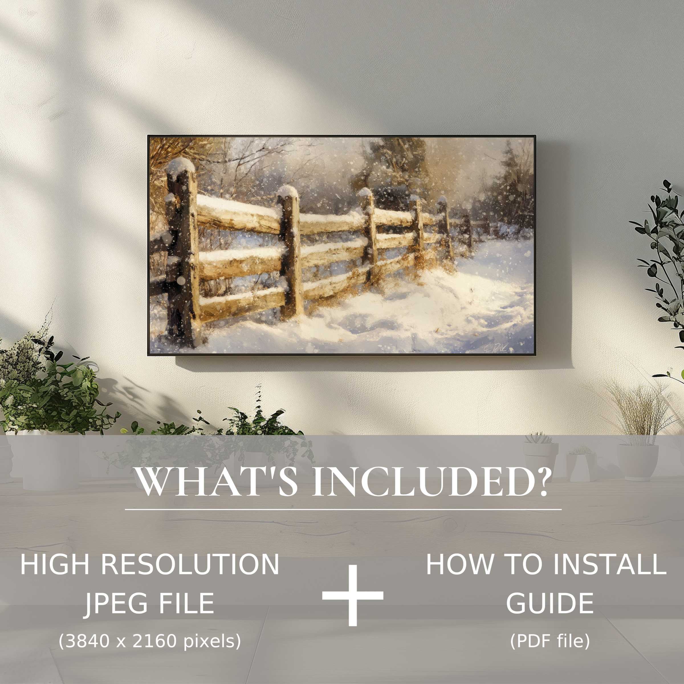 Winter digital TV art download showcasing a snowy fence scene, easy digital use enhances modern living spaces