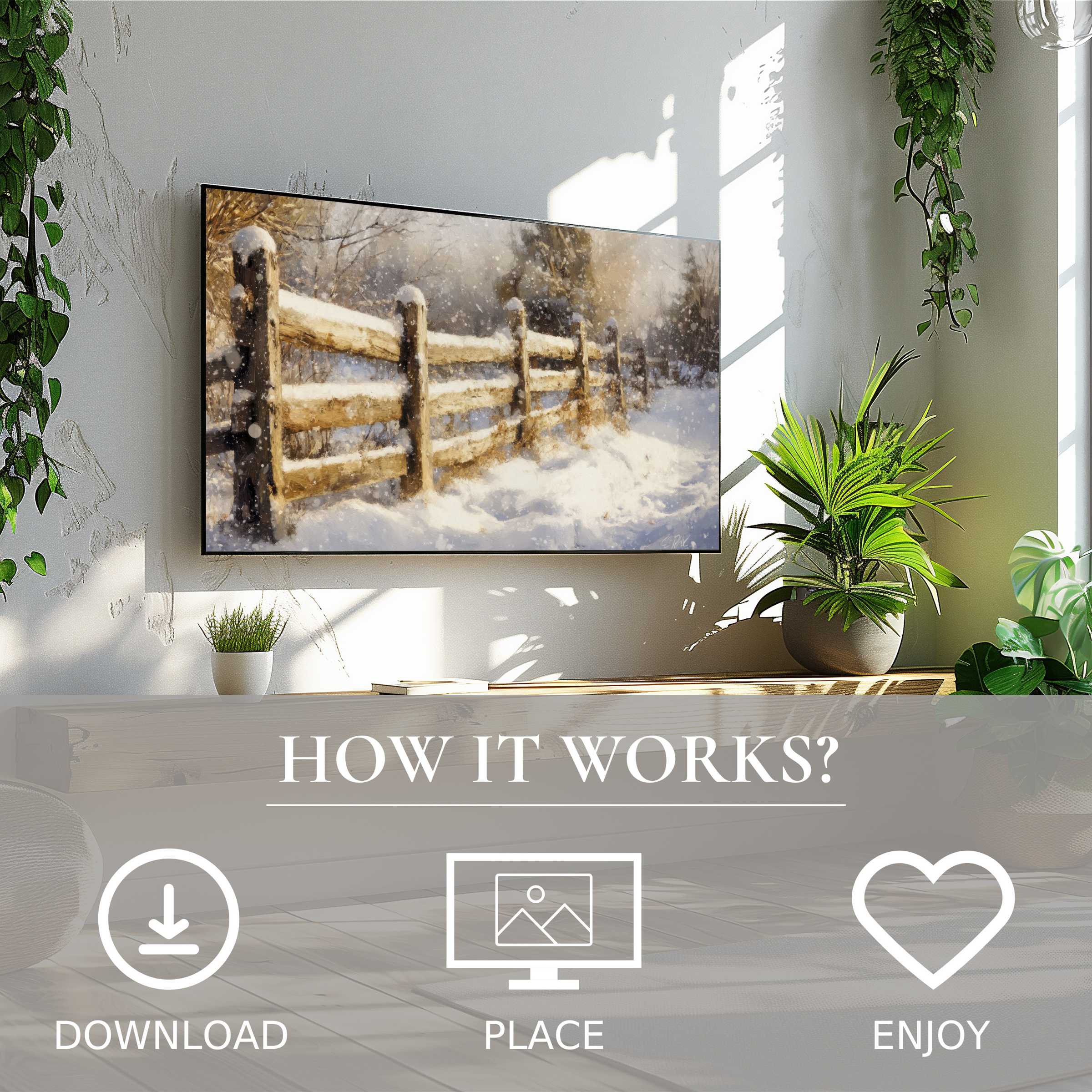 Bright modern room shows winter art for Samsung TV with soft snowy fence motif; easy digital download enriches space